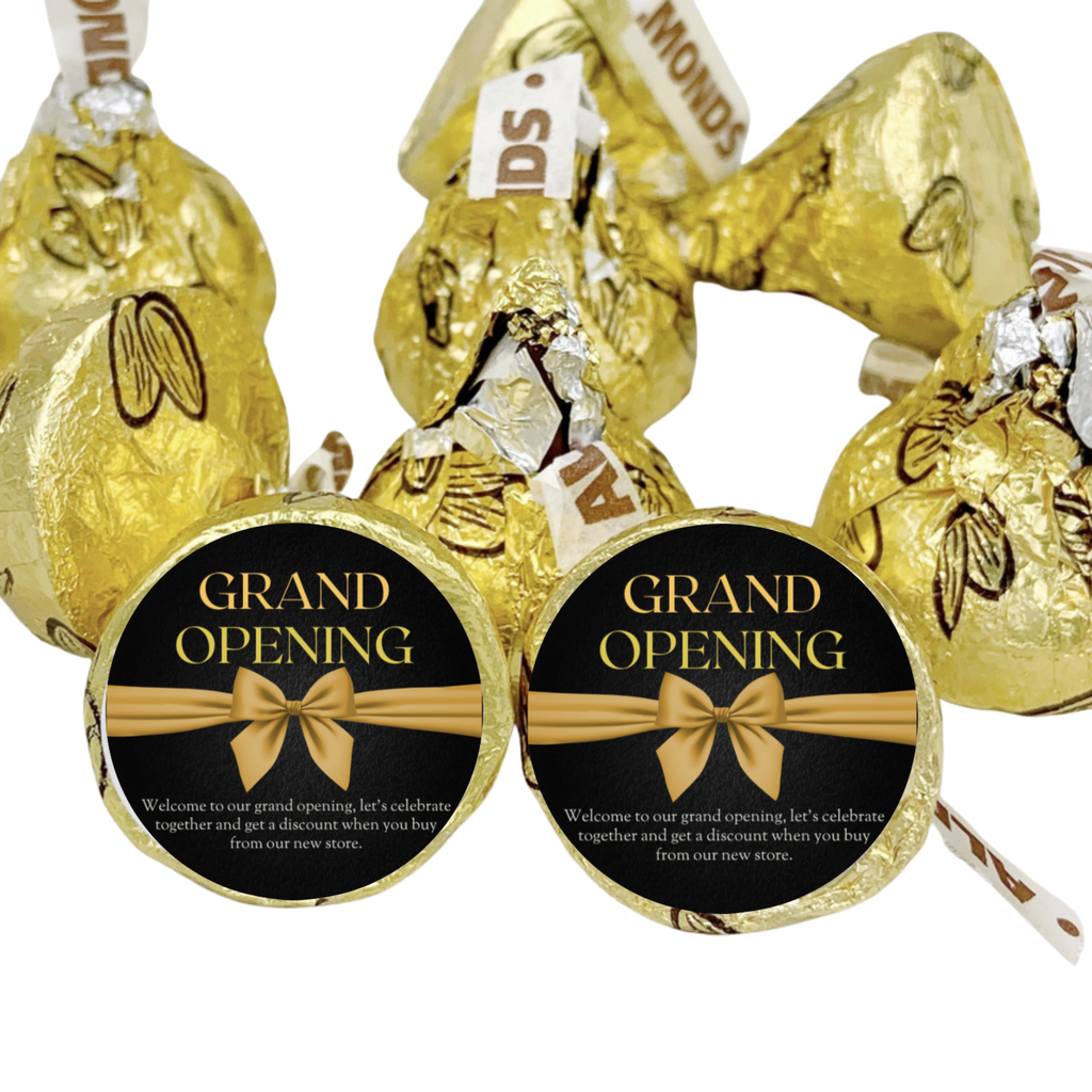 Grand Opening Candy Kiss Stickers | Black And Gold Elegant Finish| Gold Bow Design | 100ct | Glossy