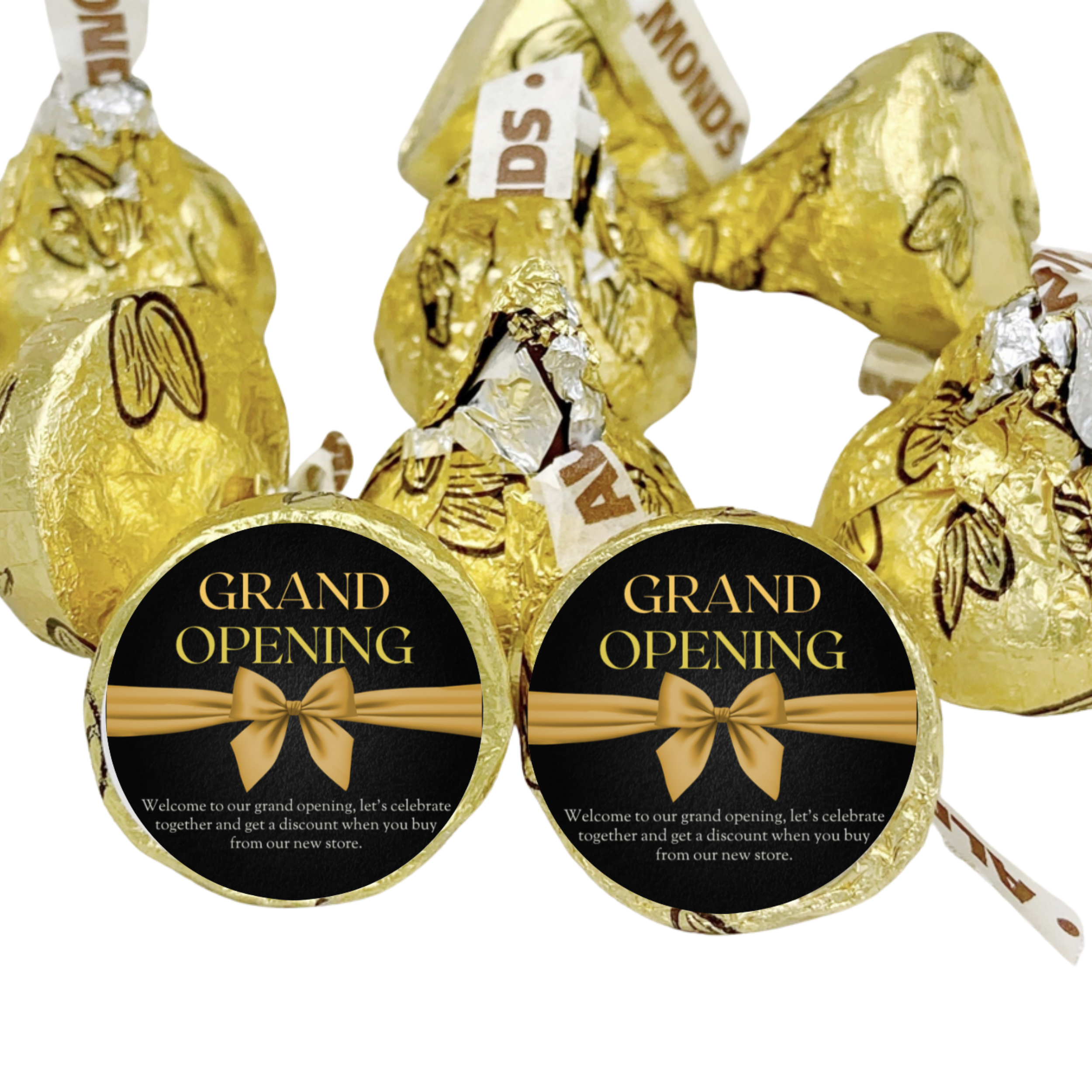 Grand Opening Candy Kiss Stickers | Black And Gold Elegant Finish| Gold Bow Design | 100ct | Glossy