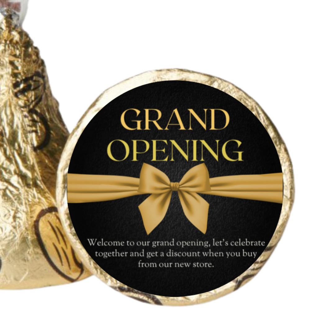 Grand Opening Candy Kiss Stickers | Black And Gold Elegant Finish| Gold Bow Design | 100ct | Glossy