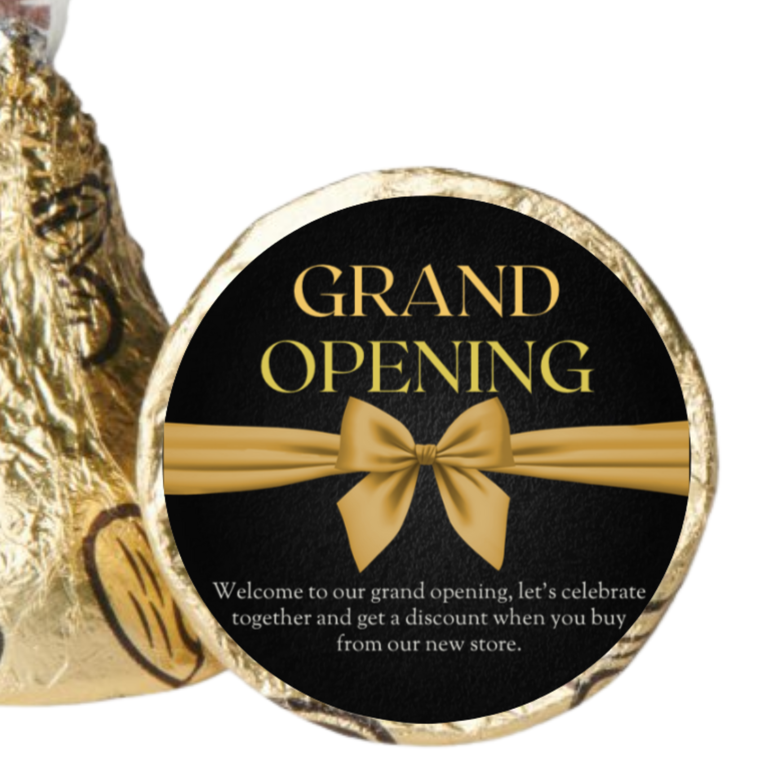 Grand Opening Candy Kiss Stickers | Black And Gold Elegant Finish| Gold Bow Design | 100ct | Glossy