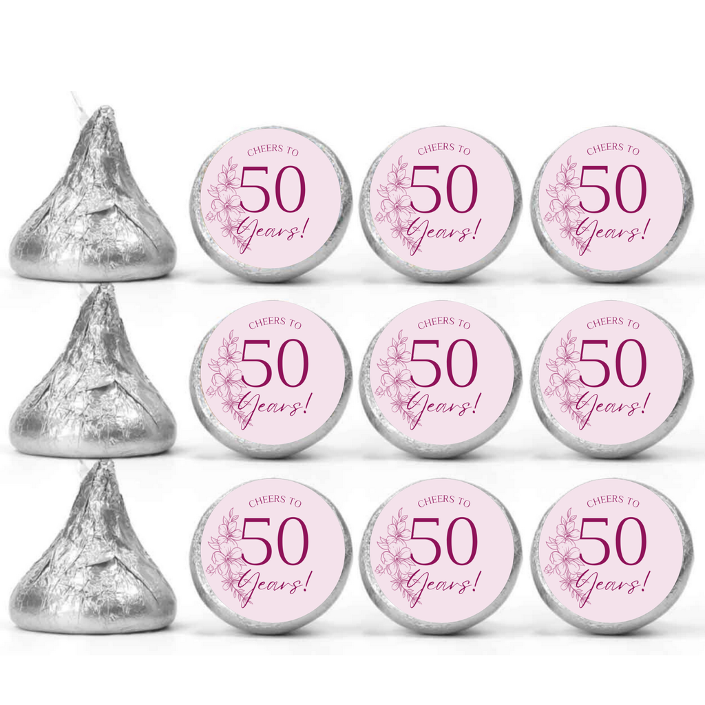 Cheers To 50 Years Kiss Candy Stickers | Elegant 50th Birthday Party Treat Decorations | Set Of 100 Glossy