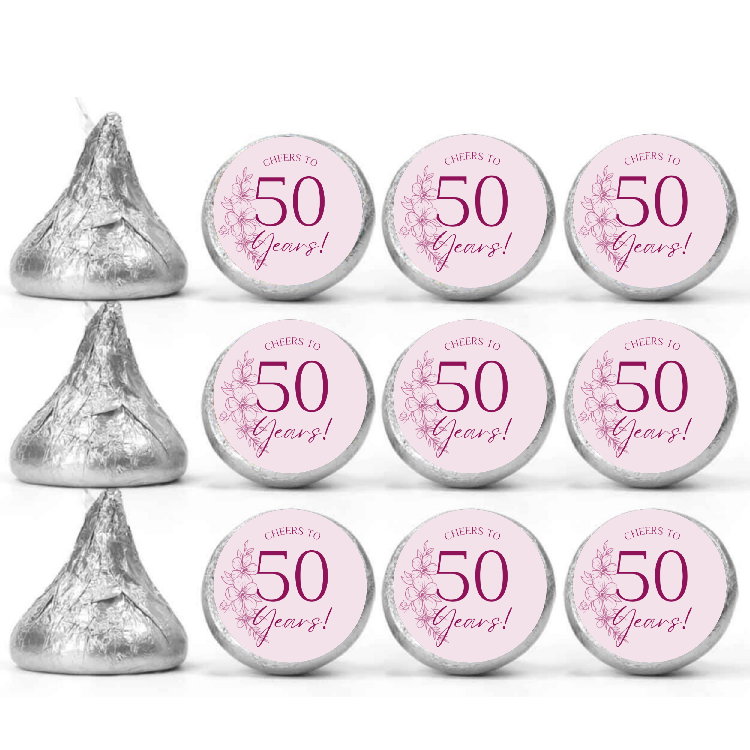 Cheers To 50 Years Kiss Candy Stickers | Elegant 50th Birthday Party Treat Decorations | Set Of 100 Glossy