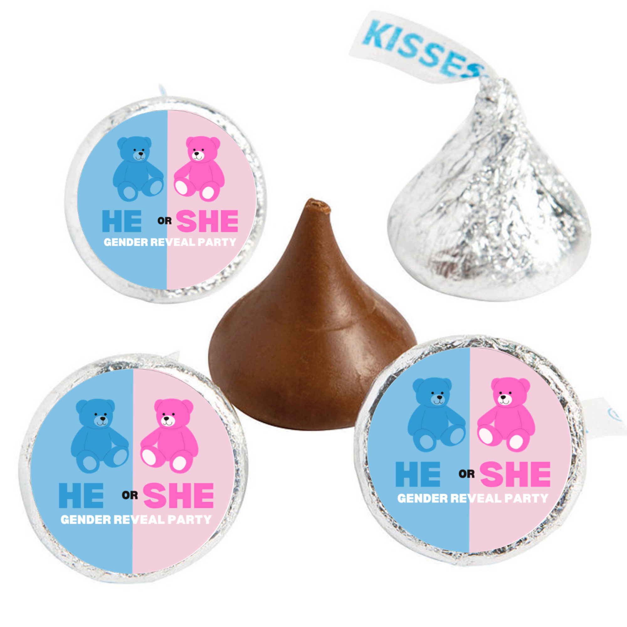 He Or She? |Gender Reveal Candy Kiss Decals | 100ct| Teddy Bear Theme| Glossy
