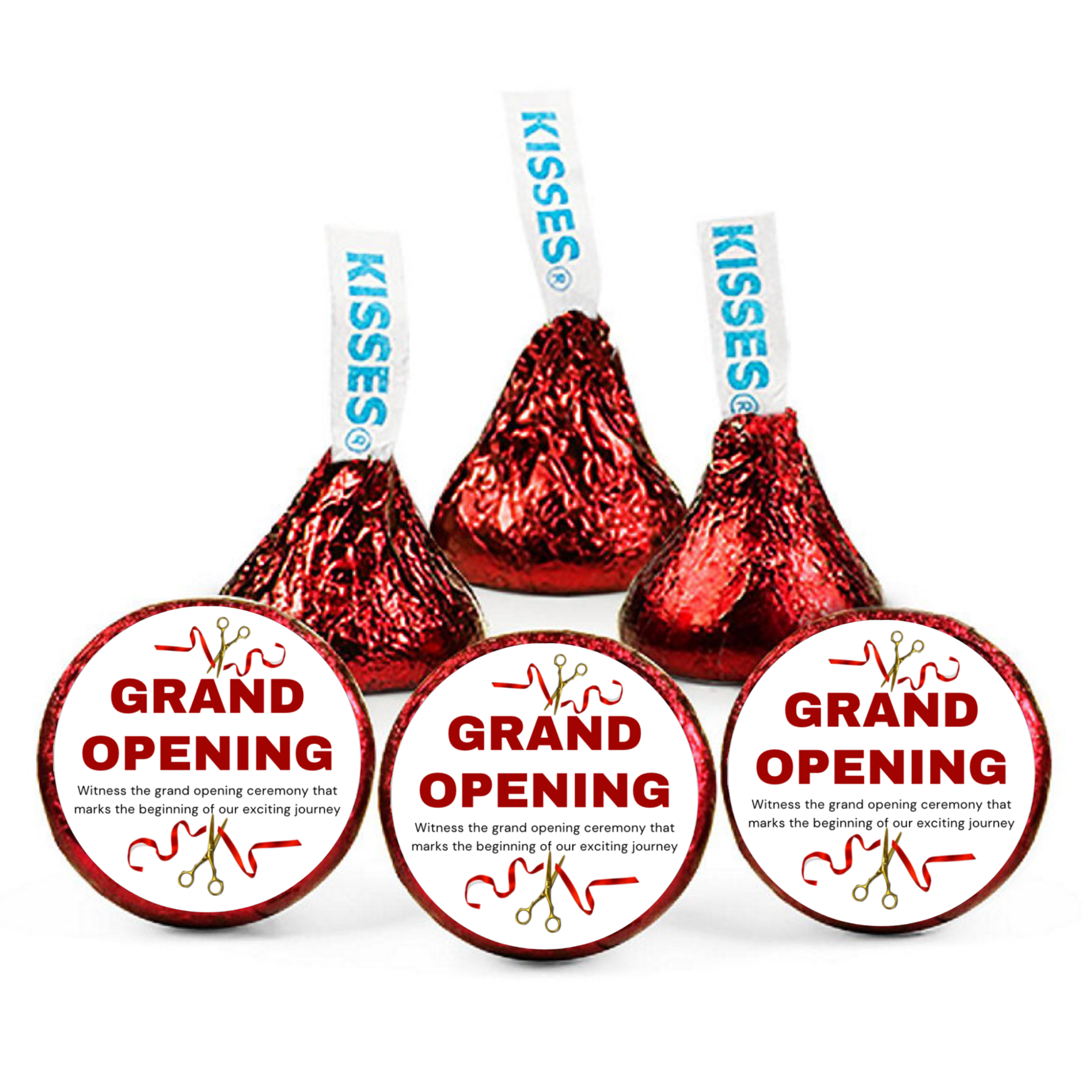 Grand Opening Candy Kiss Stickers | Ribbon Cutting Party Decor | 100 Count| Glossy