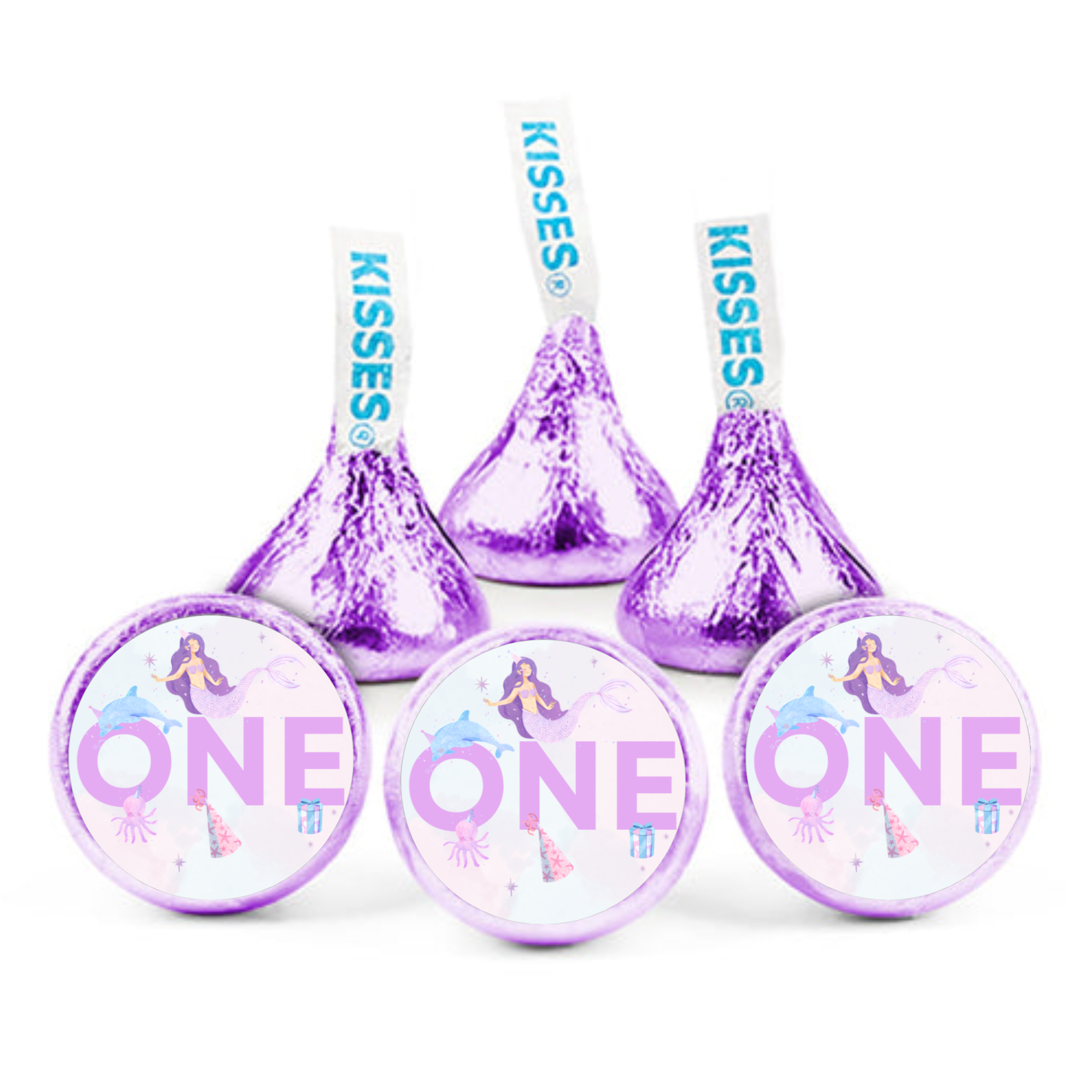 Mermaid First Birthday Candy Kiss Stickers | One Birthday Party Decor | 100 Count