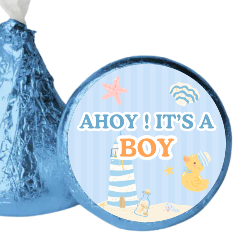 Ahoy Its a Boy Stickers | Nautical Baby Shower Decor | Candy Kiss Labels | Glossy| 100ct
