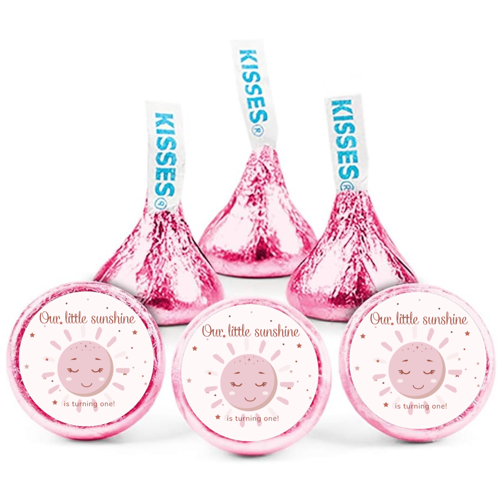 Our Little Sunshine Is Turning One Candy Stickers | Girls 1st Birthday | Pink Sun Design | 100 Count