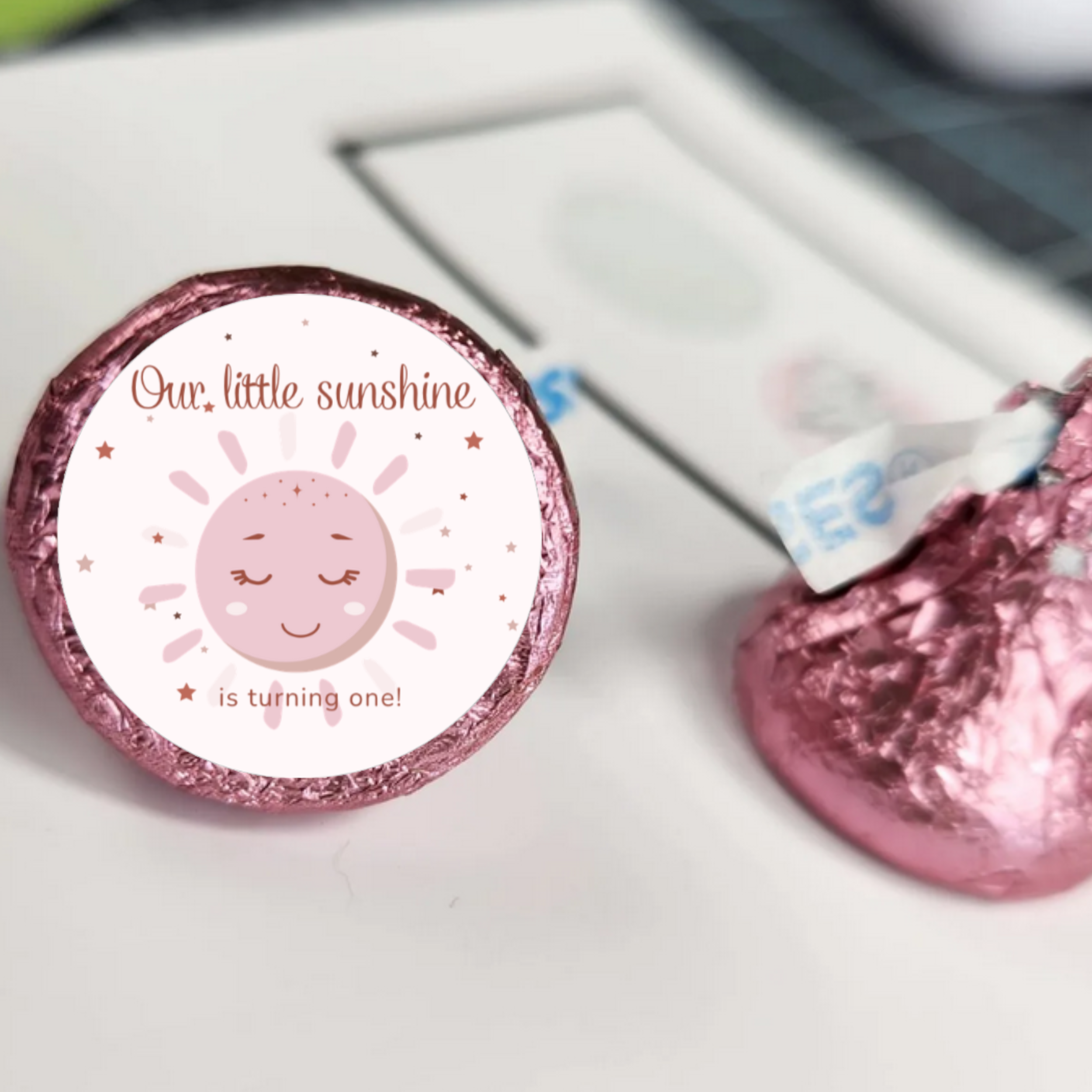 Our Little Sunshine Is Turning One Candy Stickers | Girls 1st Birthday | Pink Sun Design | 100 Count