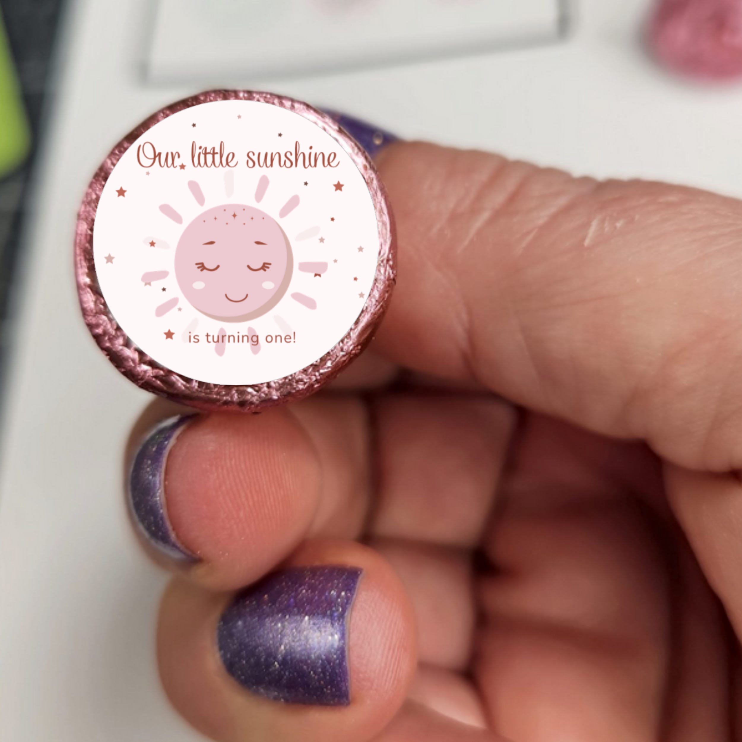 Our Little Sunshine Is Turning One Candy Stickers | Girls 1st Birthday | Pink Sun Design | 100 Count