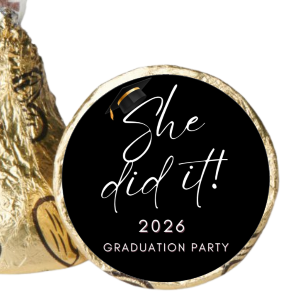 She Did It 2026 Candy Kiss Stickers | Graduation Party Decor | 100 Count | Glossy