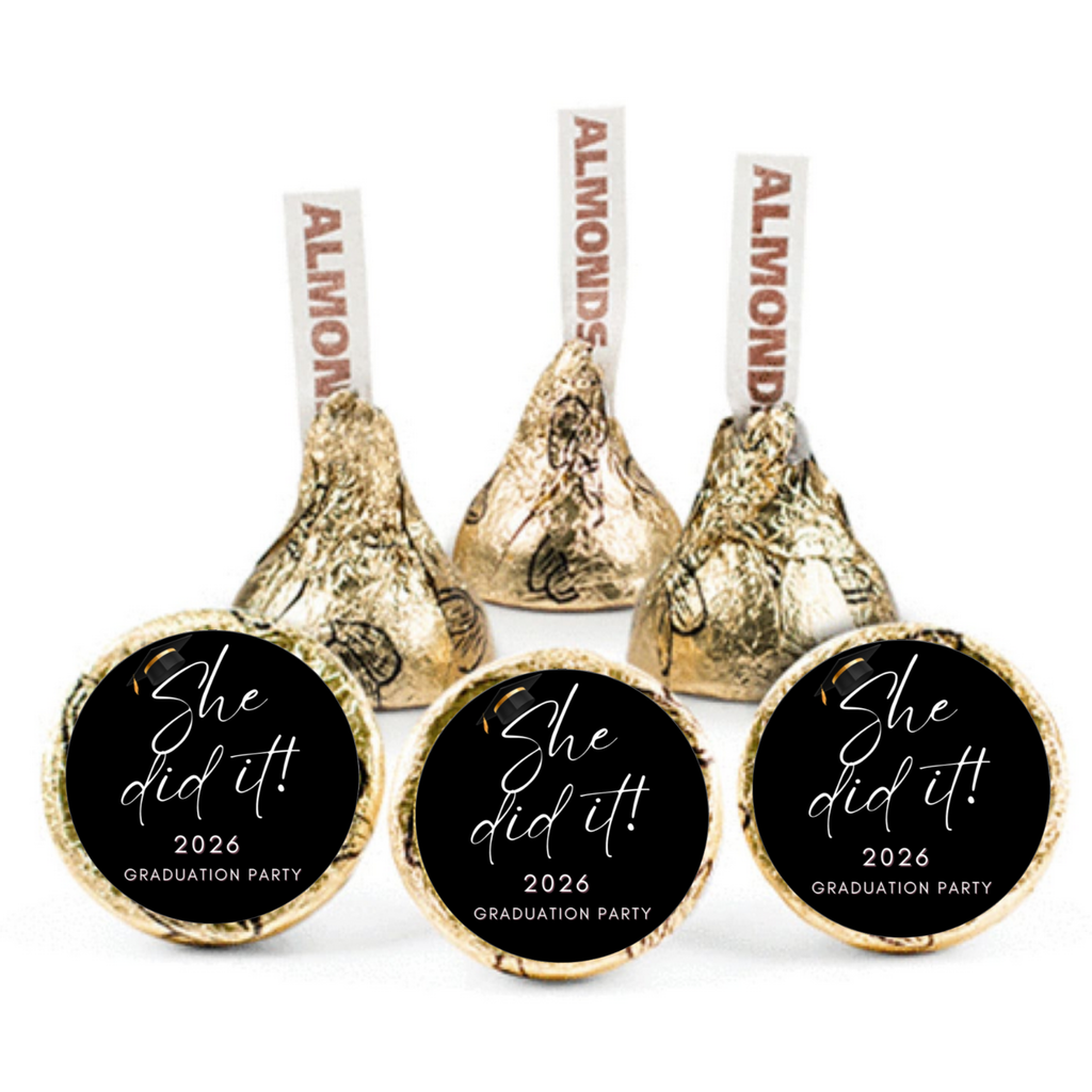She Did It 2026 Candy Kiss Stickers | Graduation Party Decor | 100 Count | Glossy