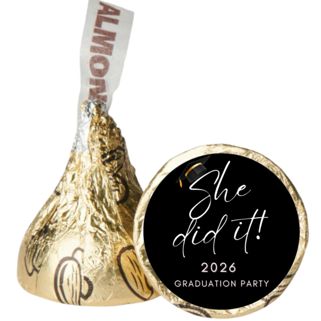 She Did It 2026 Candy Kiss Stickers | Graduation Party Decor | 100 Count | Glossy