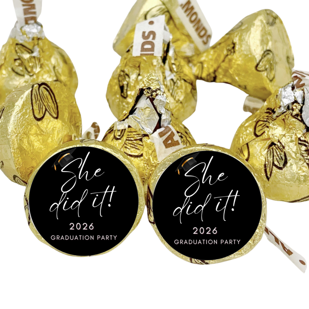 She Did It 2026 Candy Kiss Stickers | Graduation Party Decor | 100 Count | Glossy