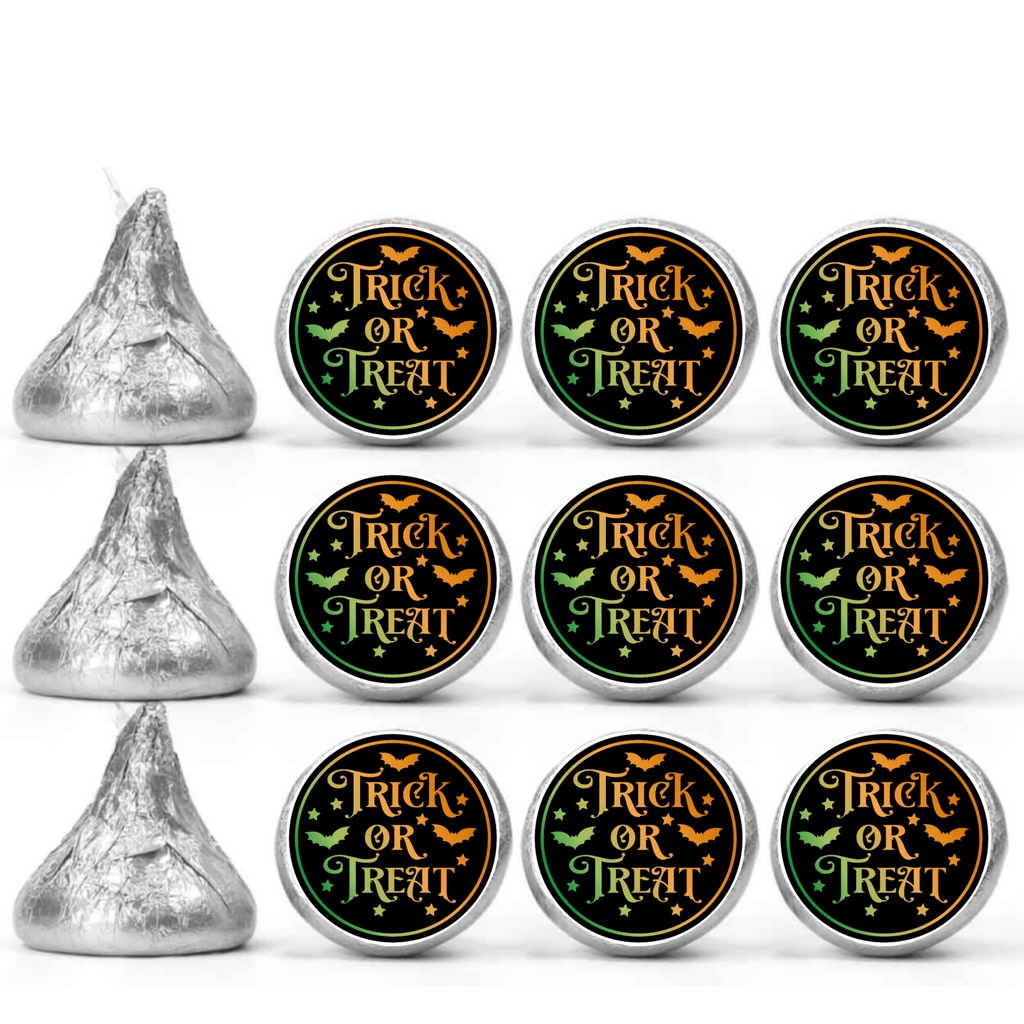 Trick or Treat Kiss Candy Stickers | Halloween Candy Favors | Glossy | 100 Count 0.75in