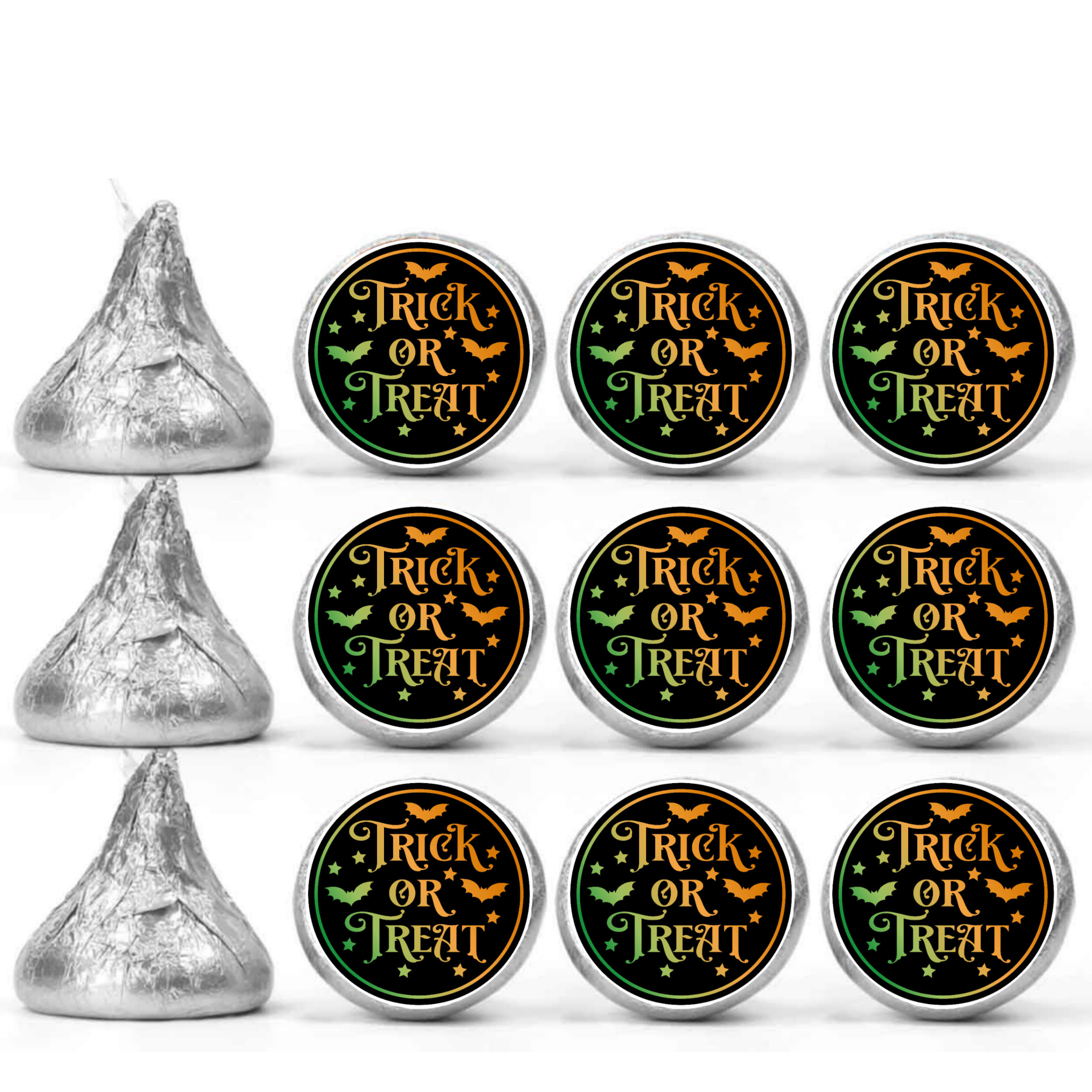 Trick or Treat Kiss Candy Stickers | Halloween Candy Favors | Glossy | 100 Count 0.75in