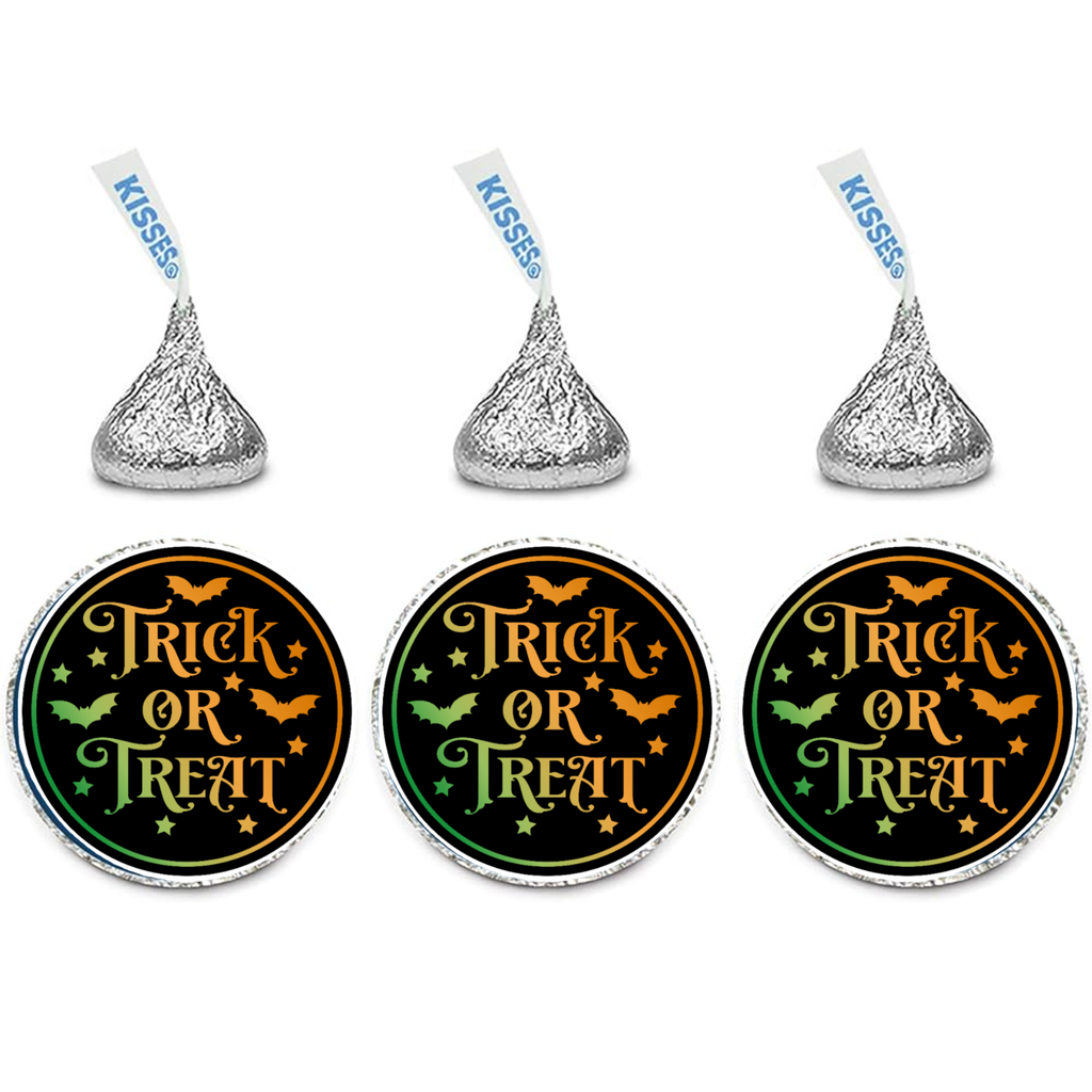 Trick or Treat Kiss Candy Stickers | Halloween Candy Favors | Glossy | 100 Count 0.75in