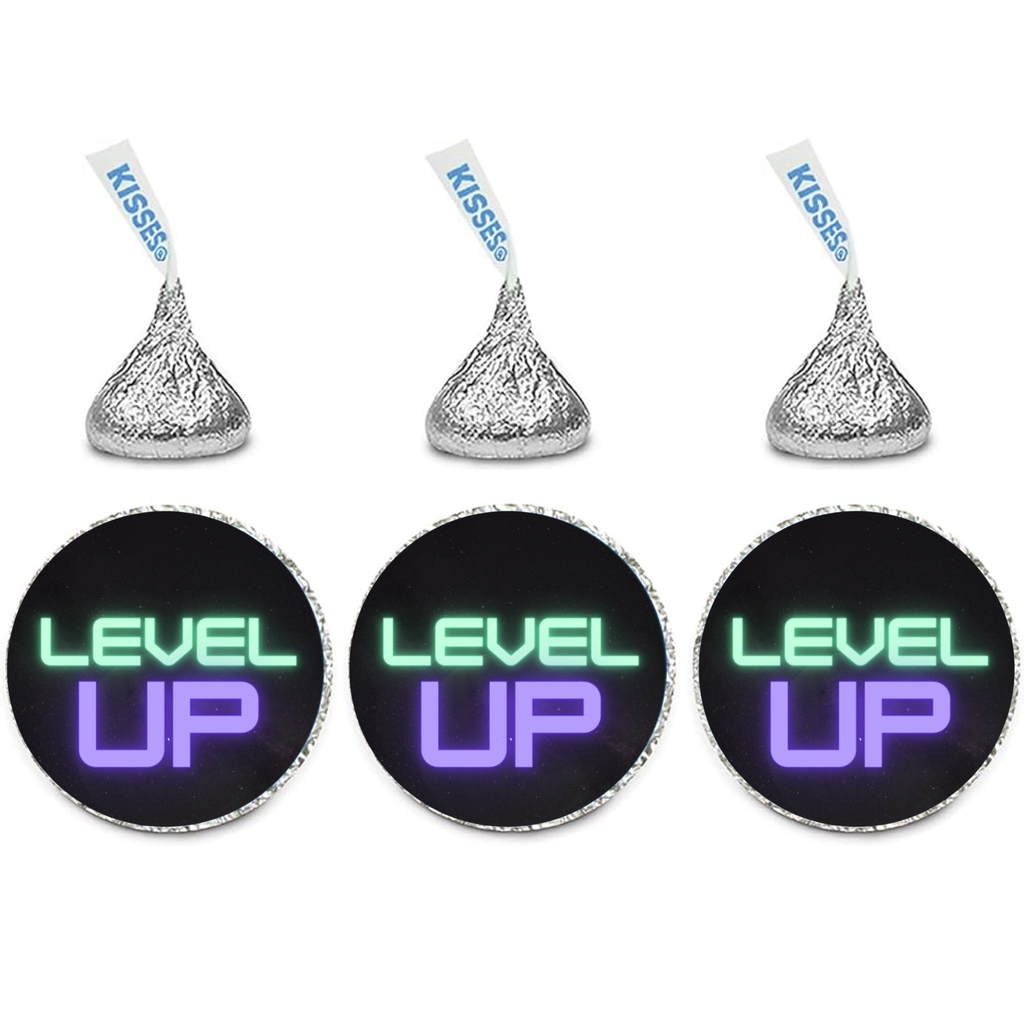Level Up Candy Kiss Stickers | Boys Gaming Birthday Party Decor | 100 Count