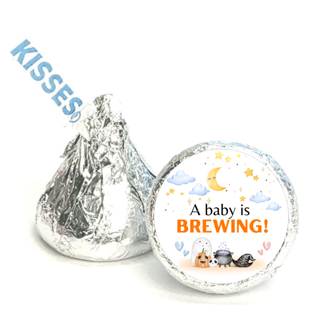 Halloween Baby Shower Candy Kiss Stickers | A Baby Is Brewing | Ghost Pumpkin| Glossy | 100ct