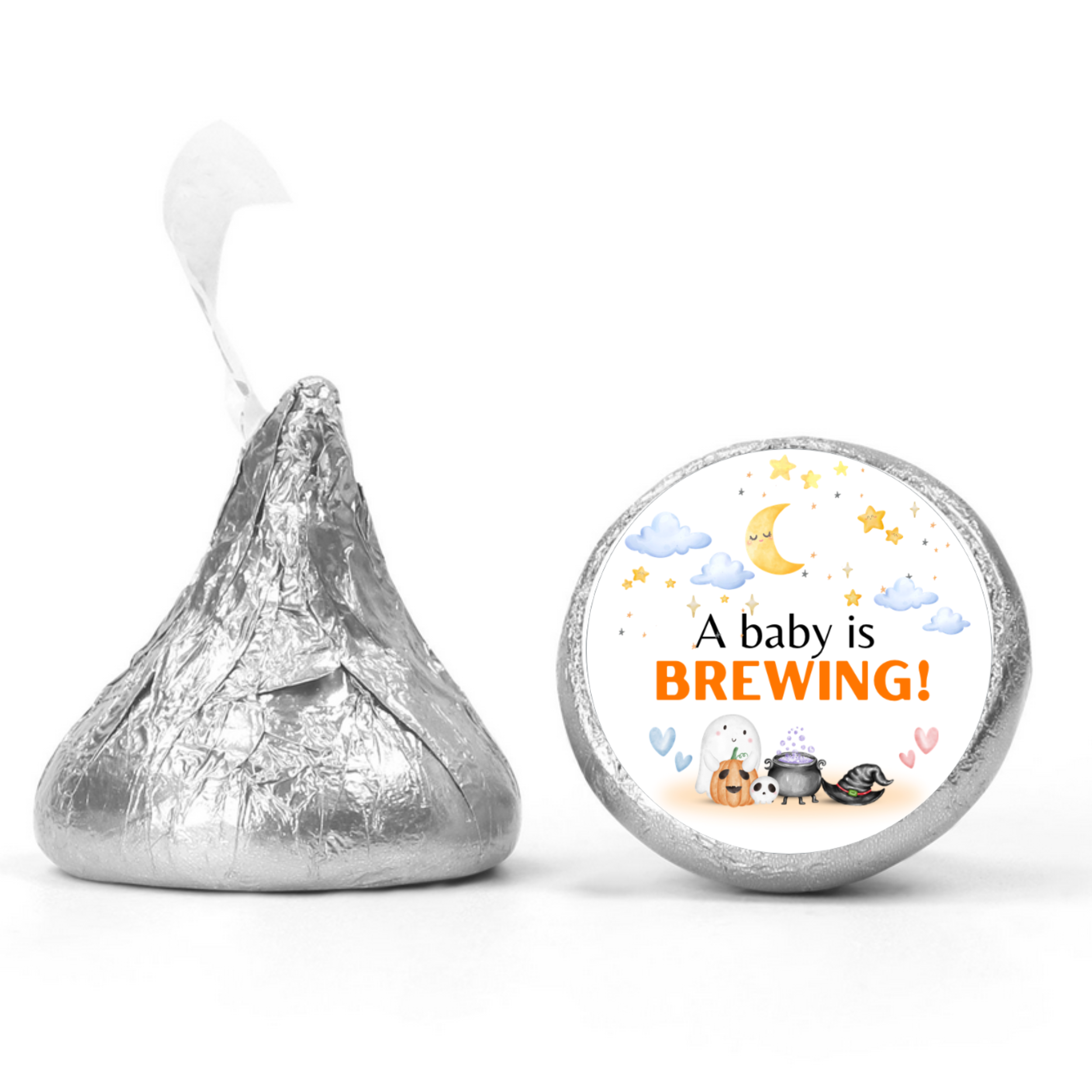 Halloween Baby Shower Candy Kiss Stickers | A Baby Is Brewing | Ghost Pumpkin| Glossy | 100ct