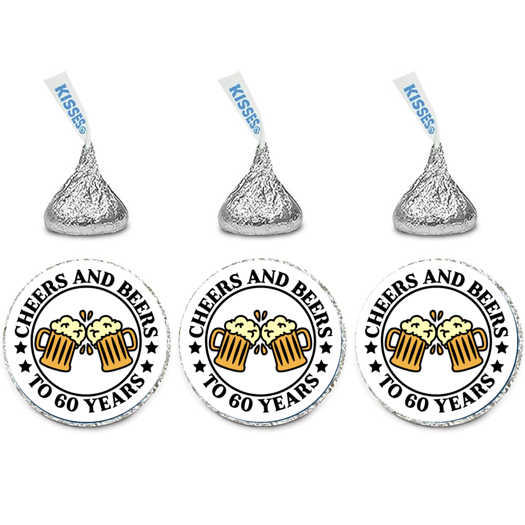 Cheers And Beers To 60 Years Candy Kiss Bottom Stickers| Glossy| 60th Birthday Favors| 100ct
