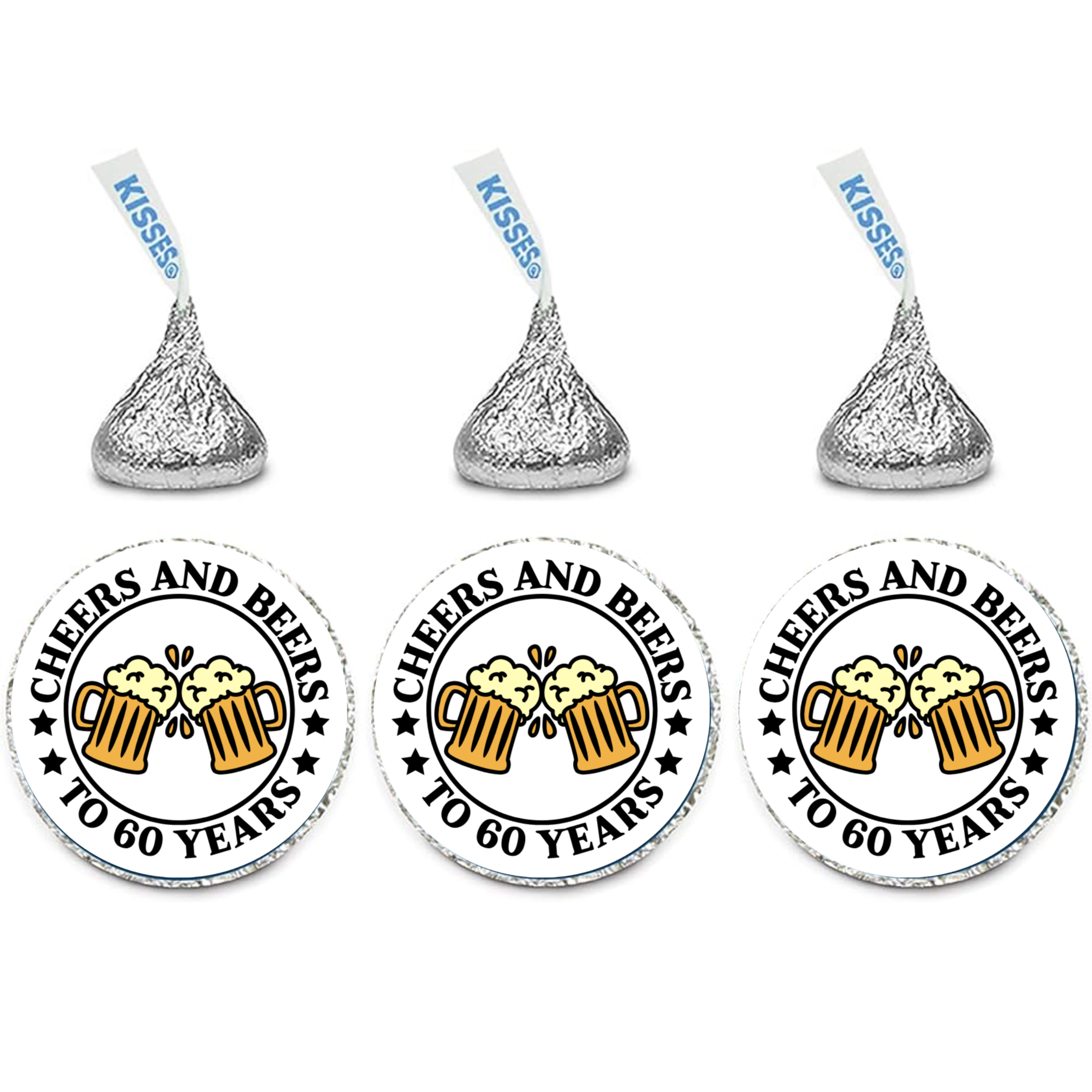 Cheers And Beers To 60 Years Candy Kiss Bottom Stickers| Glossy| 60th Birthday Favors| 100ct