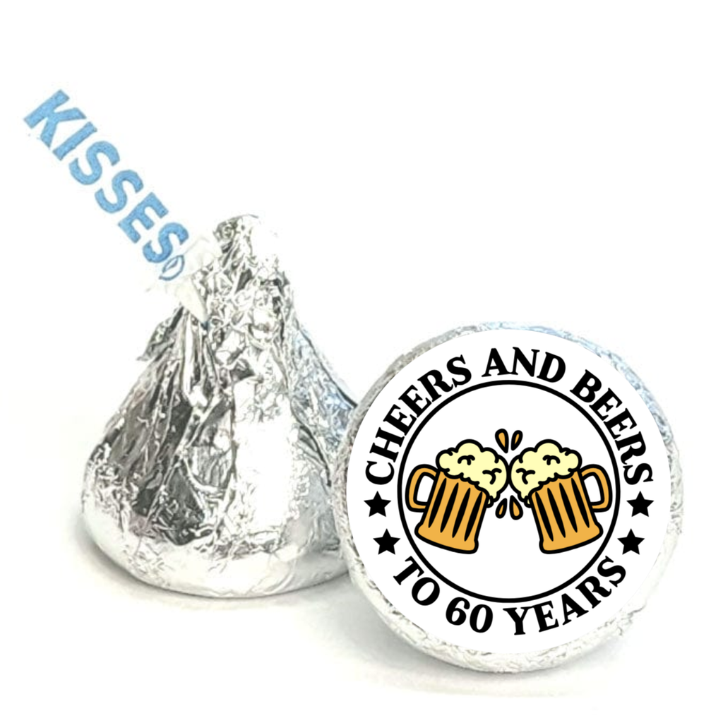 Cheers And Beers To 60 Years Candy Kiss Bottom Stickers| Glossy| 60th Birthday Favors| 100ct