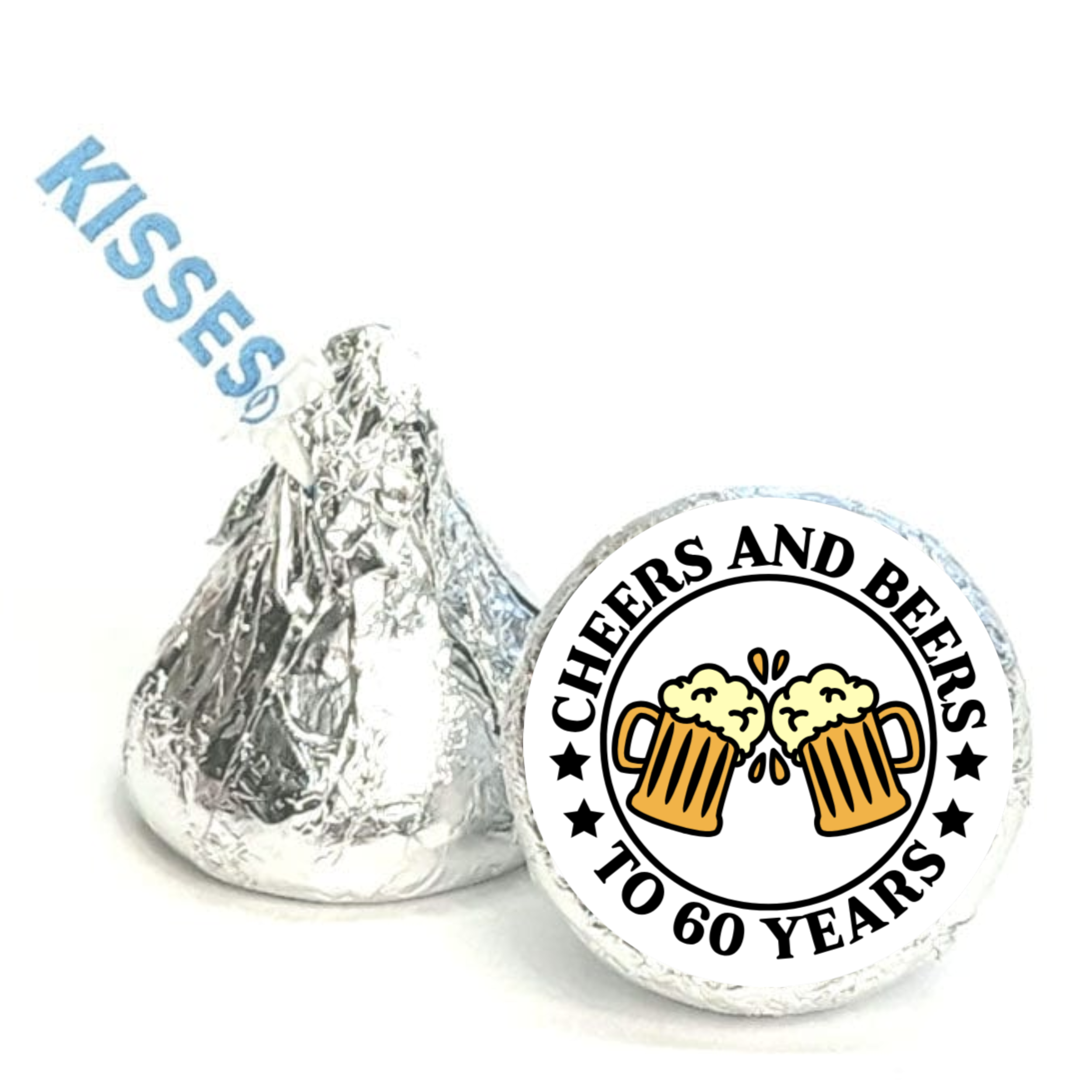 Cheers And Beers To 60 Years Candy Kiss Bottom Stickers| Glossy| 60th Birthday Favors| 100ct
