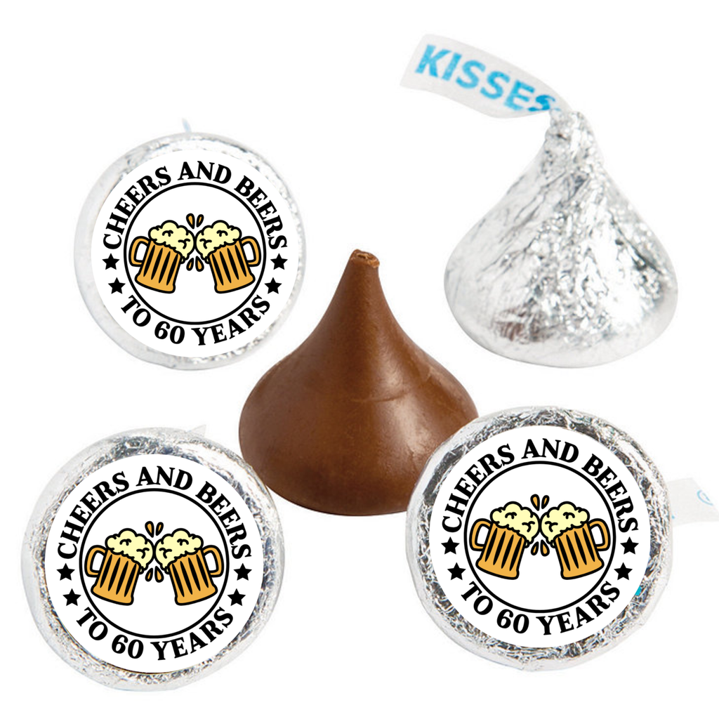 Cheers And Beers To 60 Years Candy Kiss Bottom Stickers| Glossy| 60th Birthday Favors| 100ct