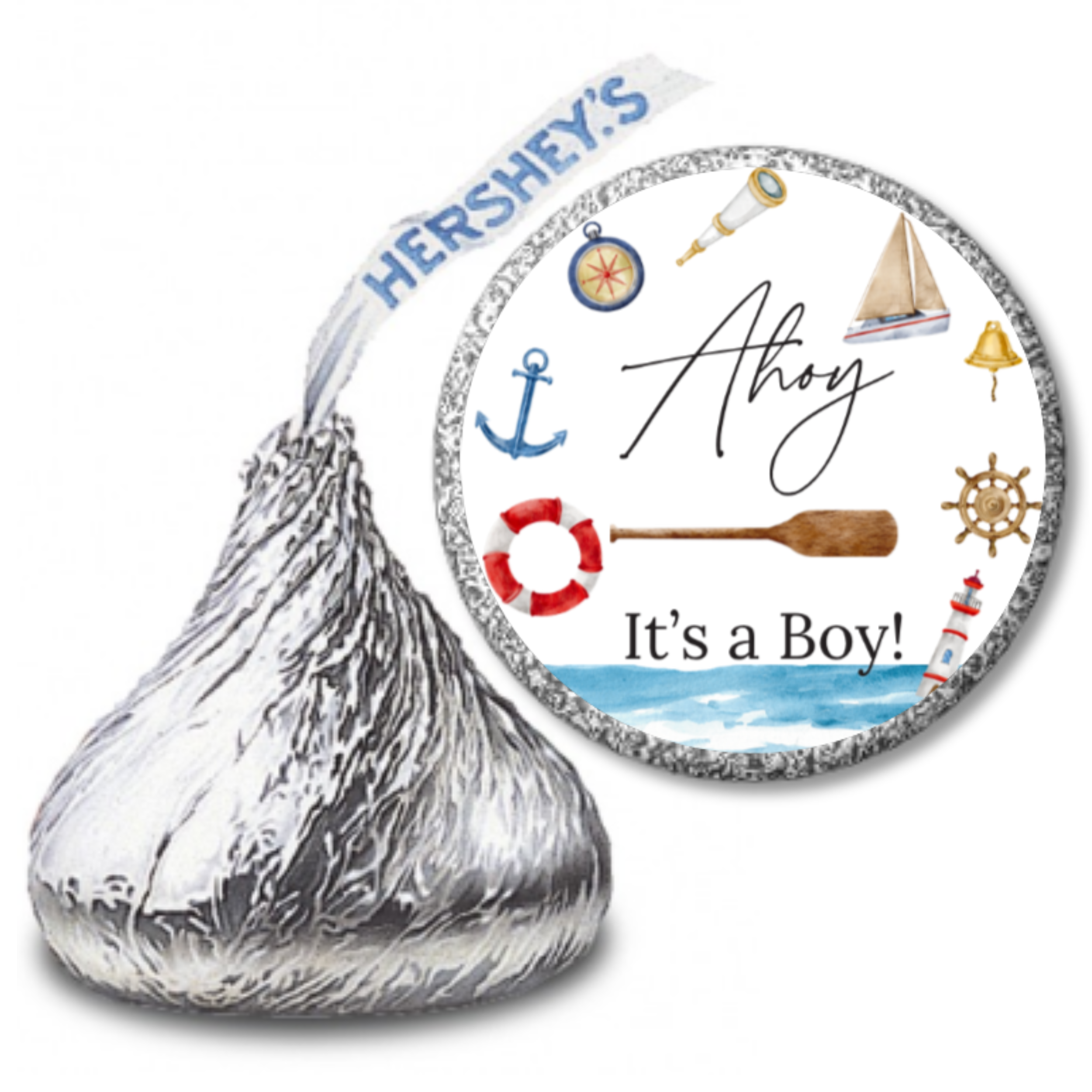 Ahoy Its A Boy Candy Kiss Stickers | Nautical Baby Shower Decor | Glossy Vinyl | 100 Count