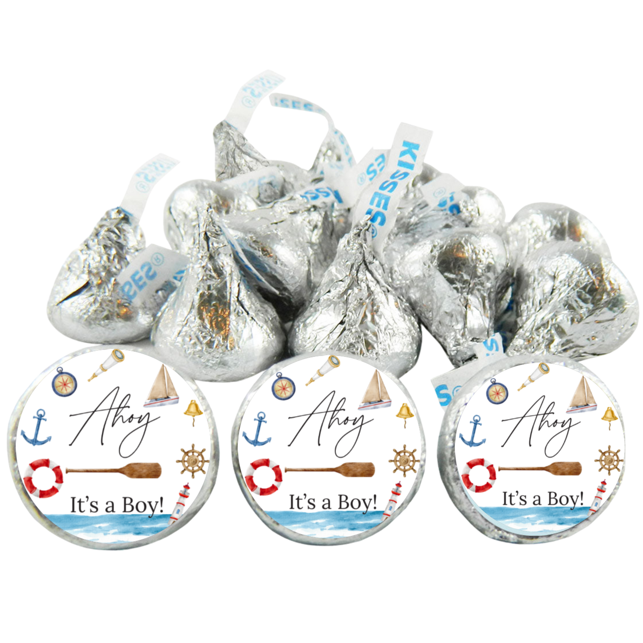 Ahoy Its A Boy Candy Kiss Stickers | Nautical Baby Shower Decor | Glossy Vinyl | 100 Count