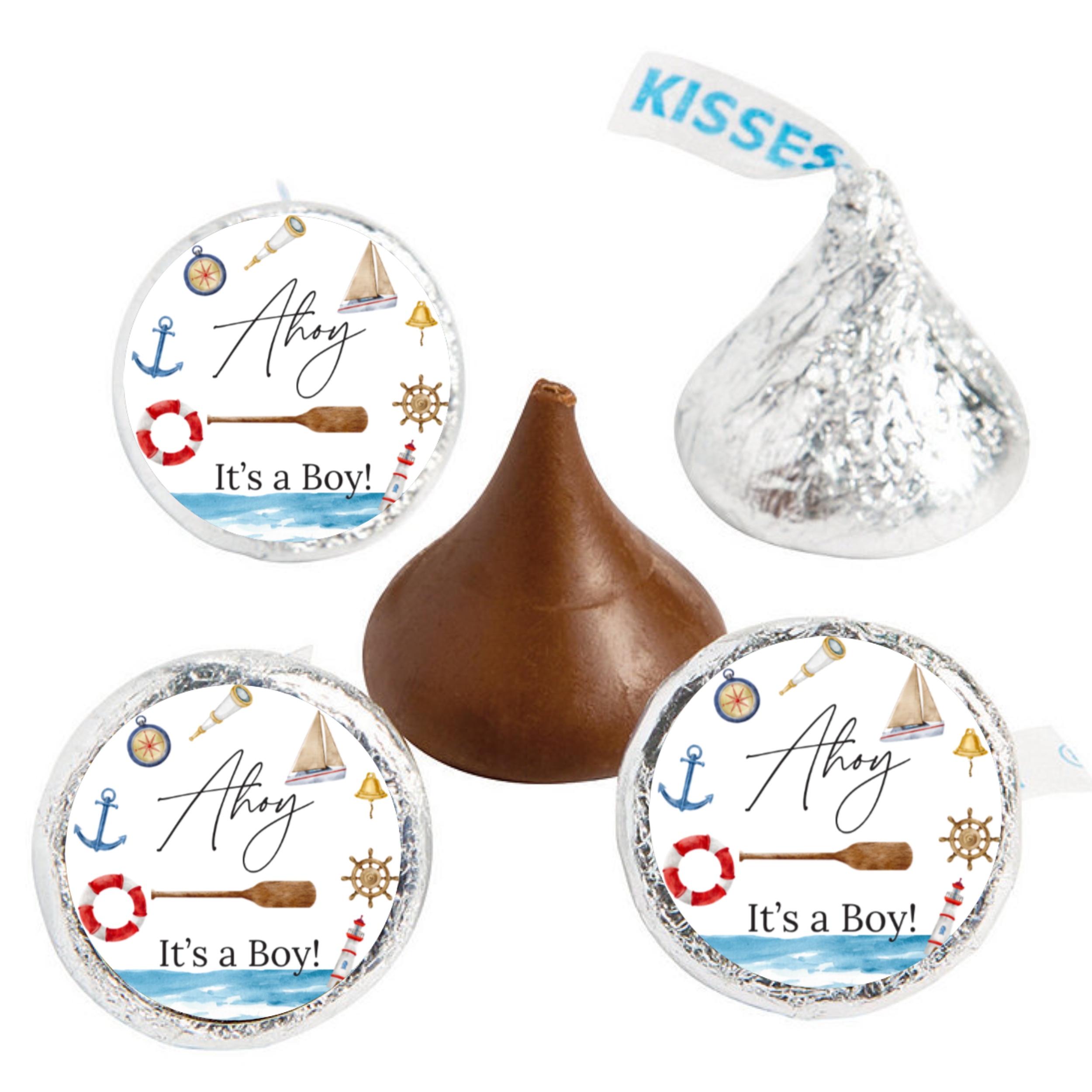 Ahoy Its A Boy Candy Kiss Stickers | Nautical Baby Shower Decor | Glossy Vinyl | 100 Count