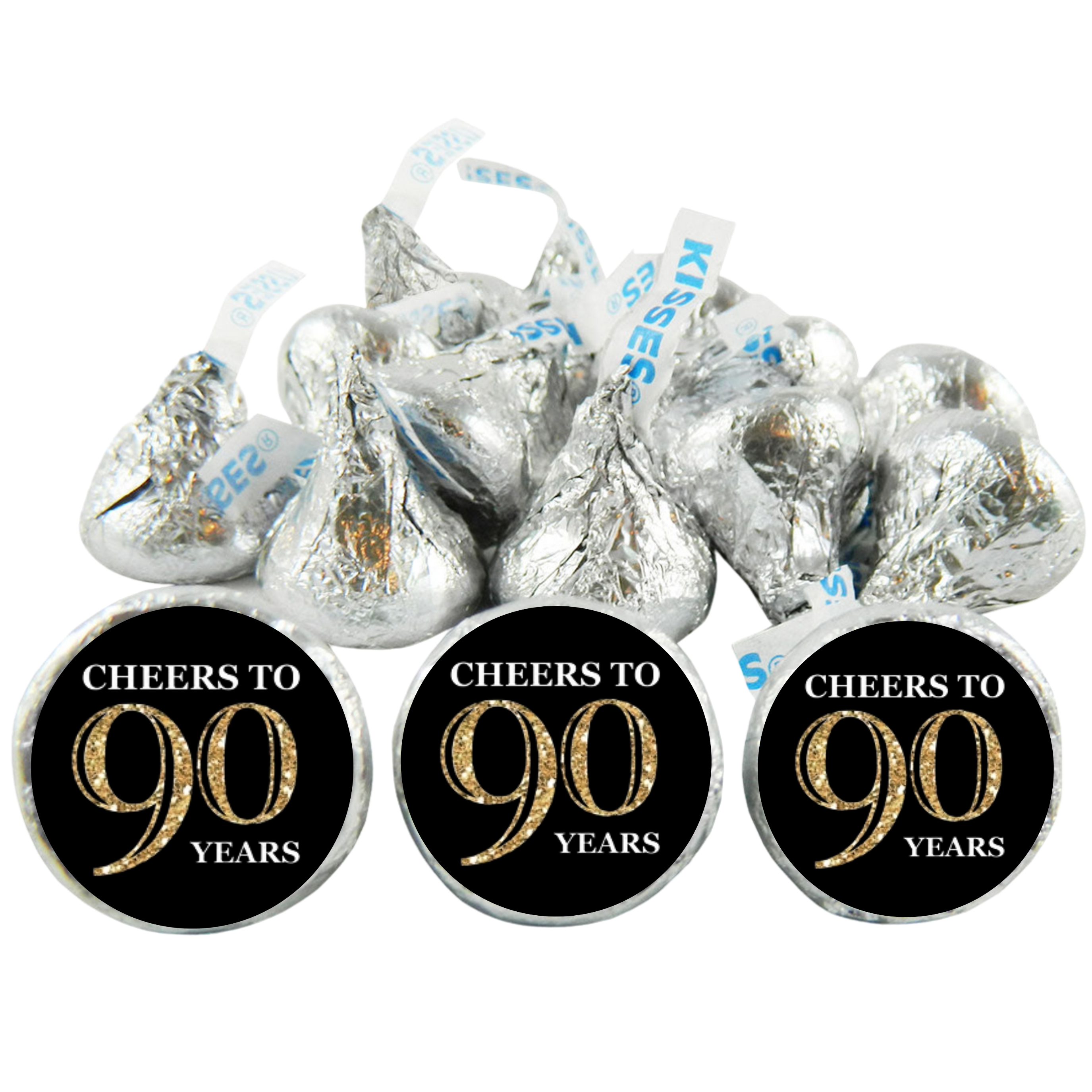 Cheers To 90 Years Candy Labels | 90th Birthday Party favors| Milestone Mini Kiss Stickers|100ct| Black & Gold| Elegant Design