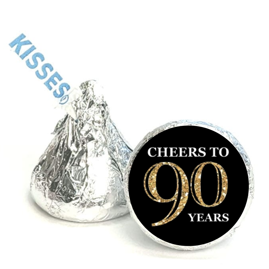 Cheers To 90 Years Candy Labels | 90th Birthday Party favors| Milestone Mini Kiss Stickers|100ct| Black & Gold| Elegant Design