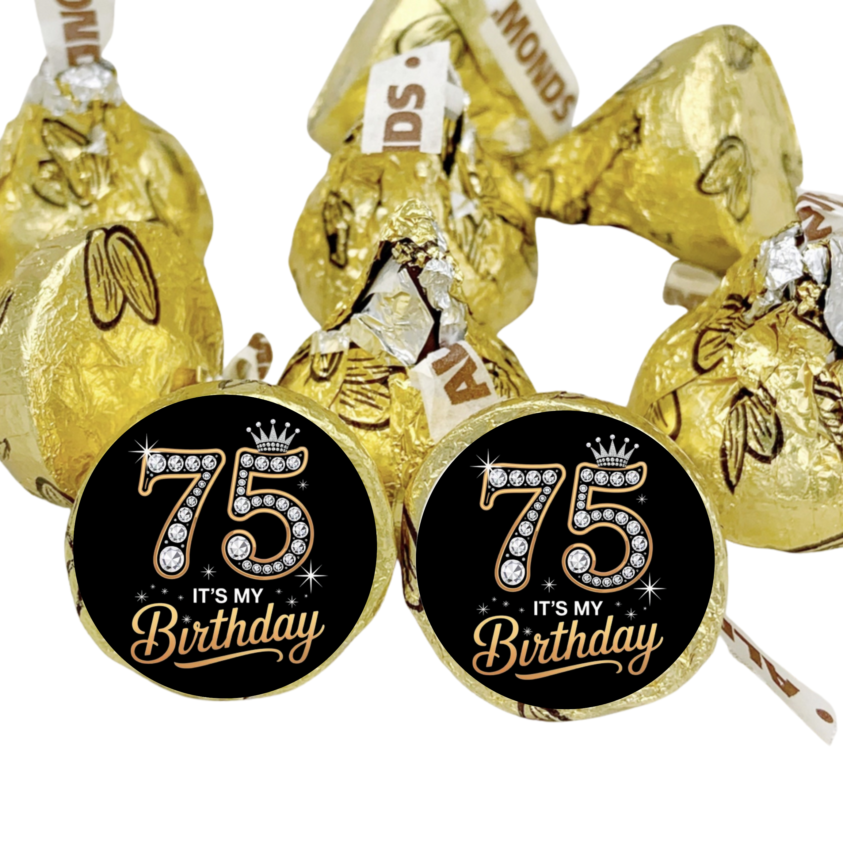 Elegant 75th Birthday | Mini Kiss Labels | Chocolate Candy Stickers | Seventy Five Celebration | Birthday Party Favors