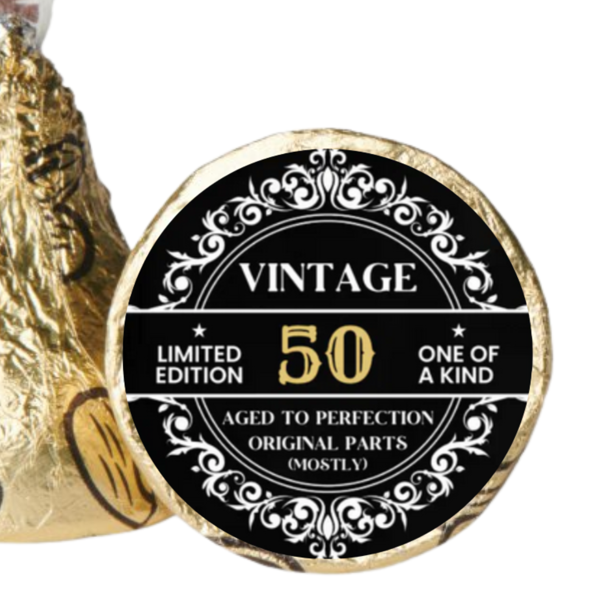 Vintage 50 Candy Stickers | 50th Birthday Party Decor | Black and Gold Candy Labels | Glossy| 100ct