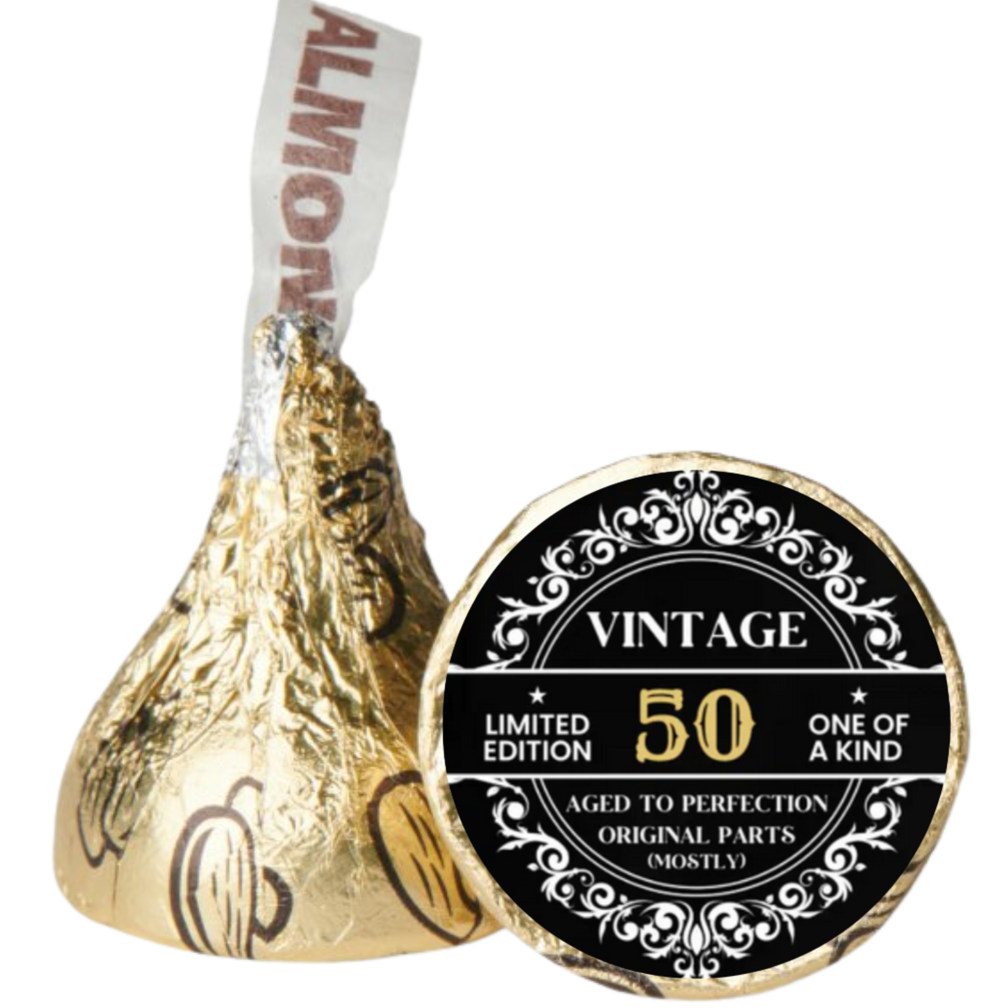 Vintage 50 Candy Stickers | 50th Birthday Party Decor | Black and Gold Candy Labels | Glossy| 100ct