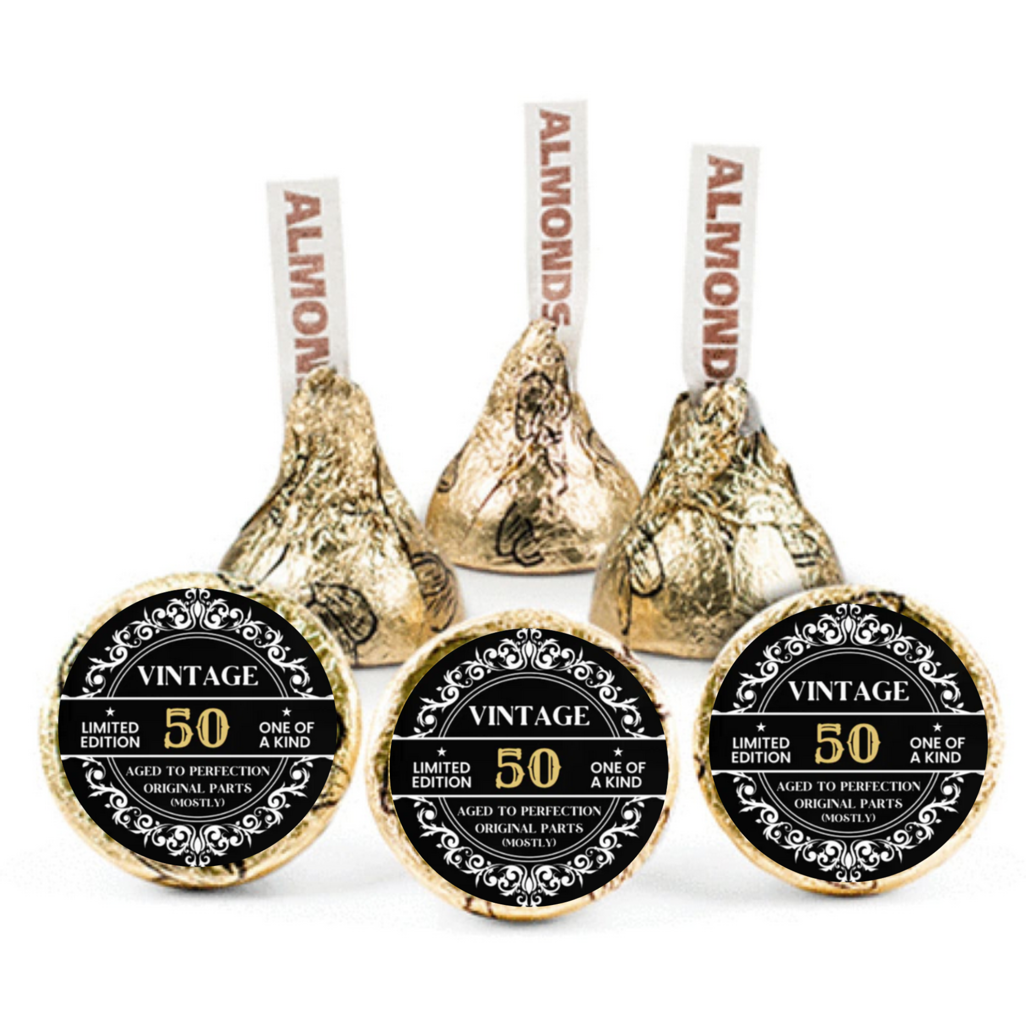 Vintage 50 Candy Stickers | 50th Birthday Party Decor | Black and Gold Candy Labels | Glossy| 100ct
