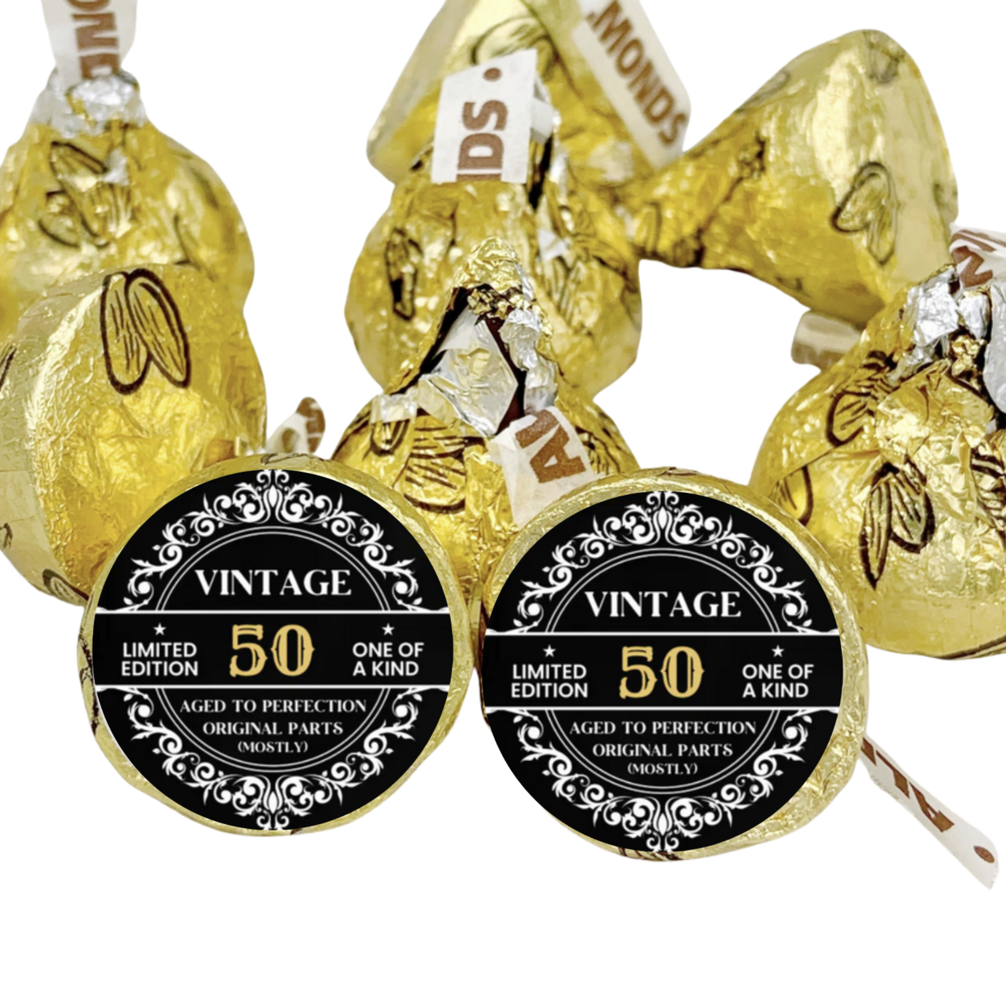 Vintage 50 Candy Stickers | 50th Birthday Party Decor | Black and Gold Candy Labels | Glossy| 100ct