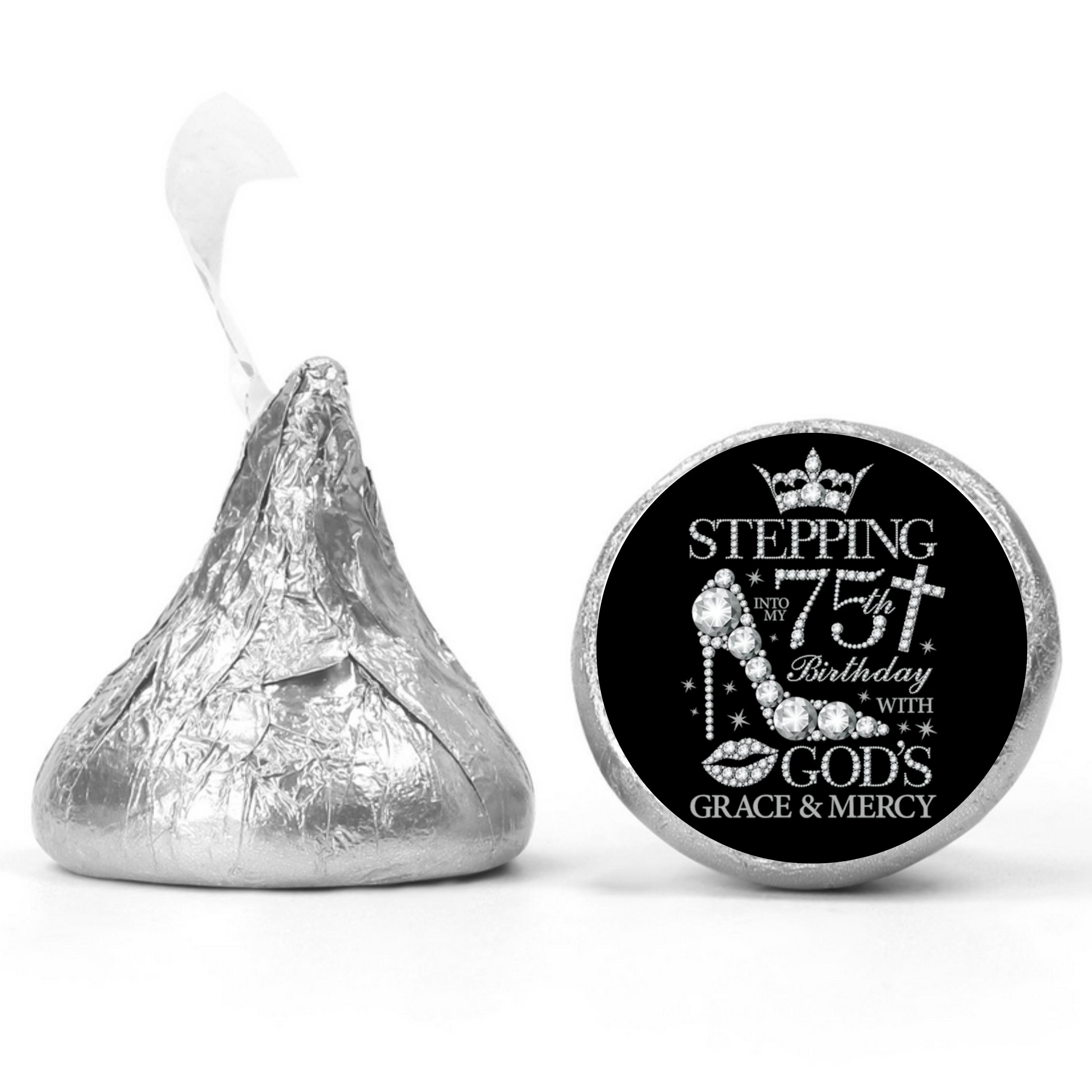 Elegant 75th Birthday | Mini Kiss Labels | 100ct Candy Stickers | Gods Grace Theme | Birthday Party Favors | Glossy| Stepping Into 75th