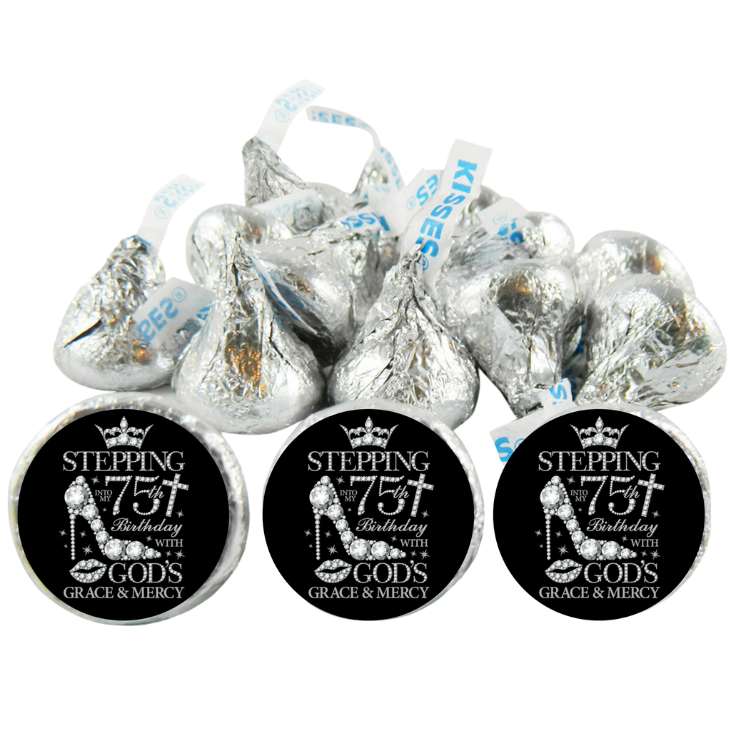 Elegant 75th Birthday | Mini Kiss Labels | 100ct Candy Stickers | Gods Grace Theme | Birthday Party Favors | Glossy| Stepping Into 75th