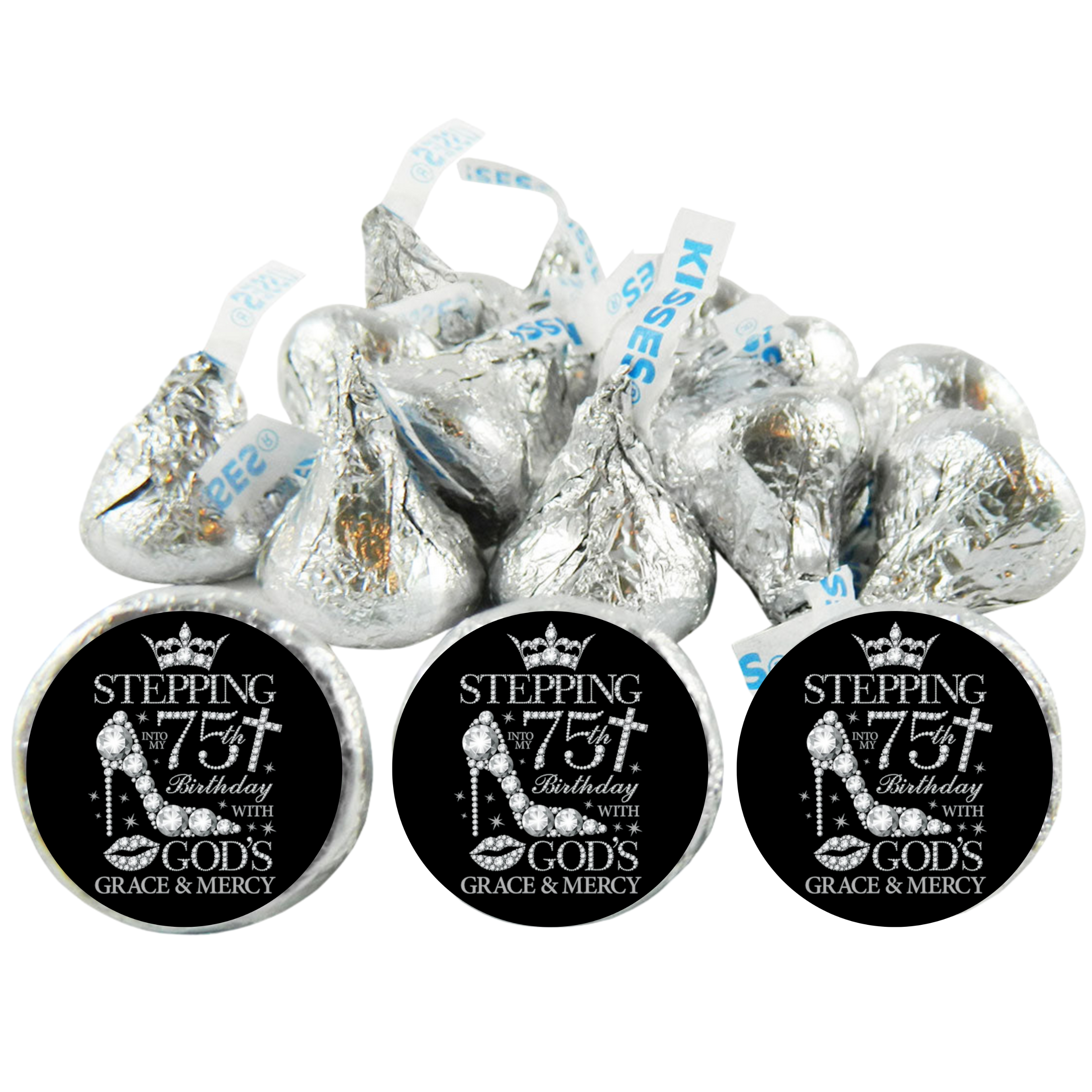 Elegant 75th Birthday | Mini Kiss Labels | 100ct Candy Stickers | Gods Grace Theme | Birthday Party Favors | Glossy| Stepping Into 75th