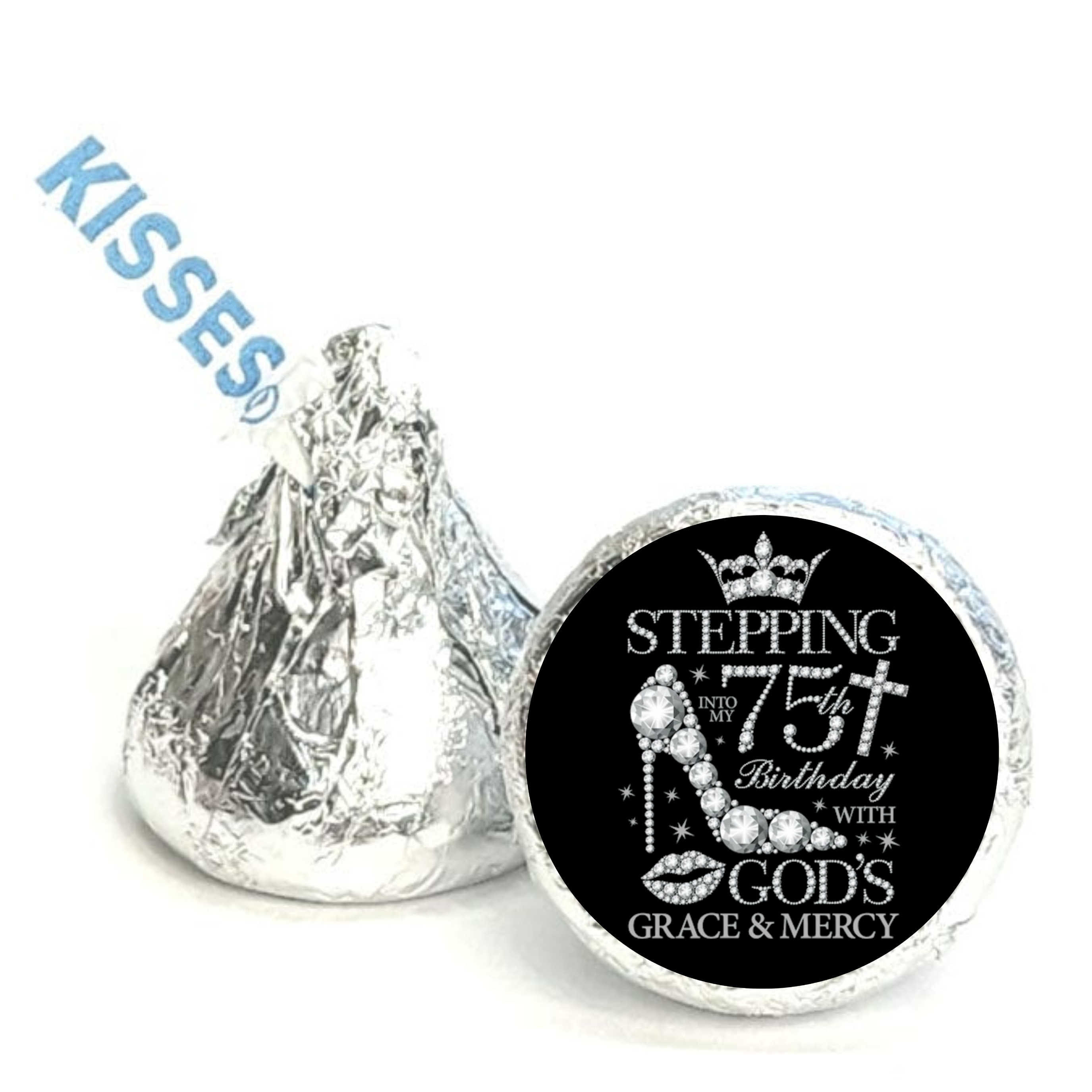 Elegant 75th Birthday | Mini Kiss Labels | 100ct Candy Stickers | Gods Grace Theme | Birthday Party Favors | Glossy| Stepping Into 75th