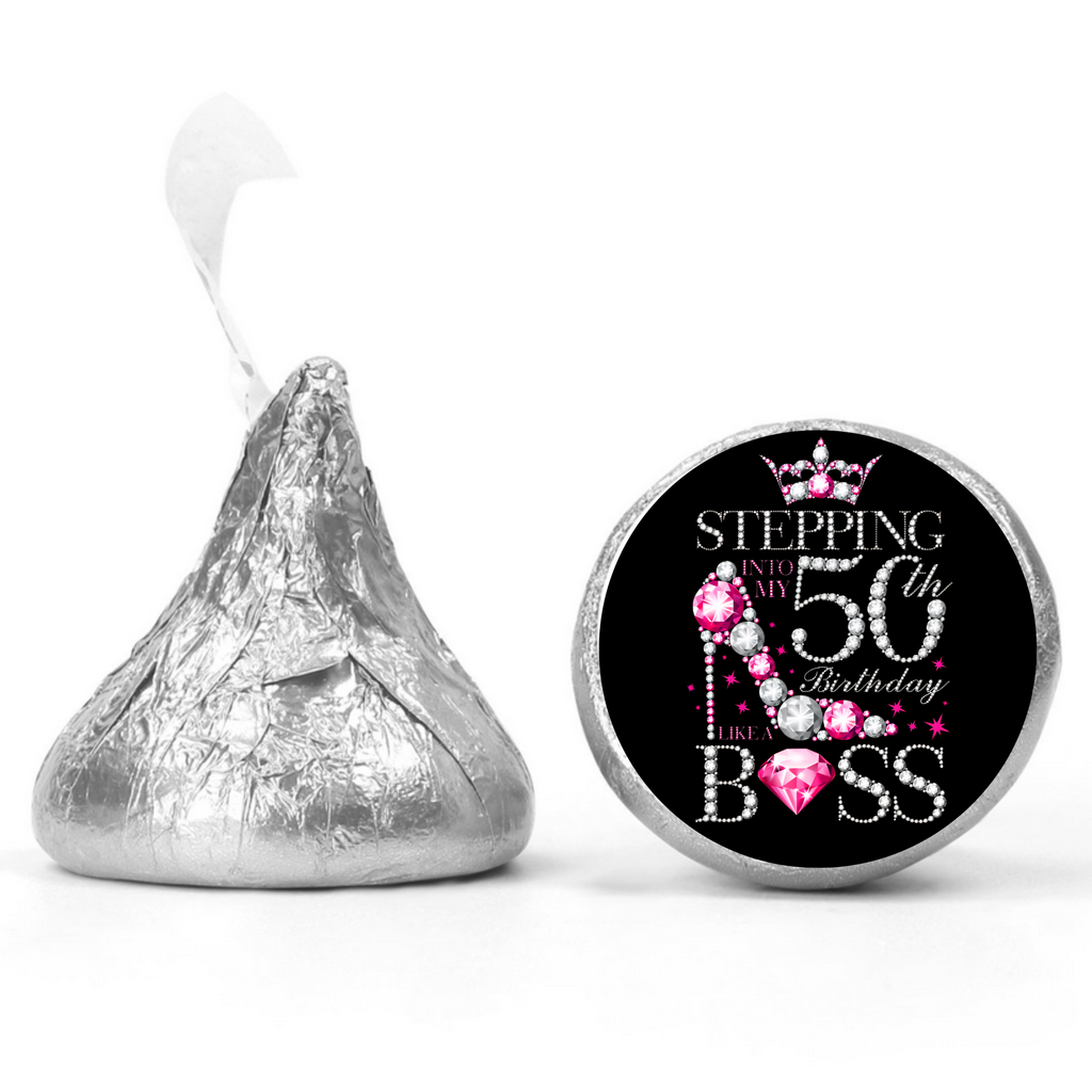 Elegant 50th Birthday | Mini Kiss Labels | Chocolate Candy Stickers | Stepping Into 50th | Birthday Party Favors | Glossy|100ct