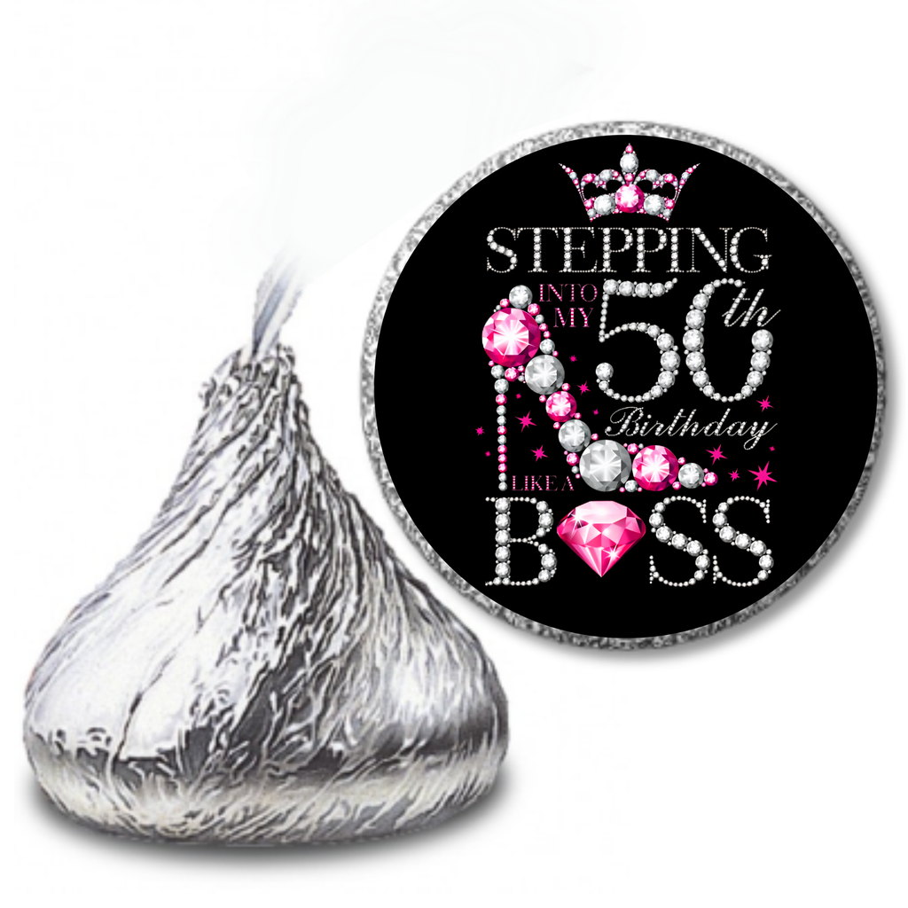 Elegant 50th Birthday | Mini Kiss Labels | Chocolate Candy Stickers | Stepping Into 50th | Birthday Party Favors | Glossy|100ct