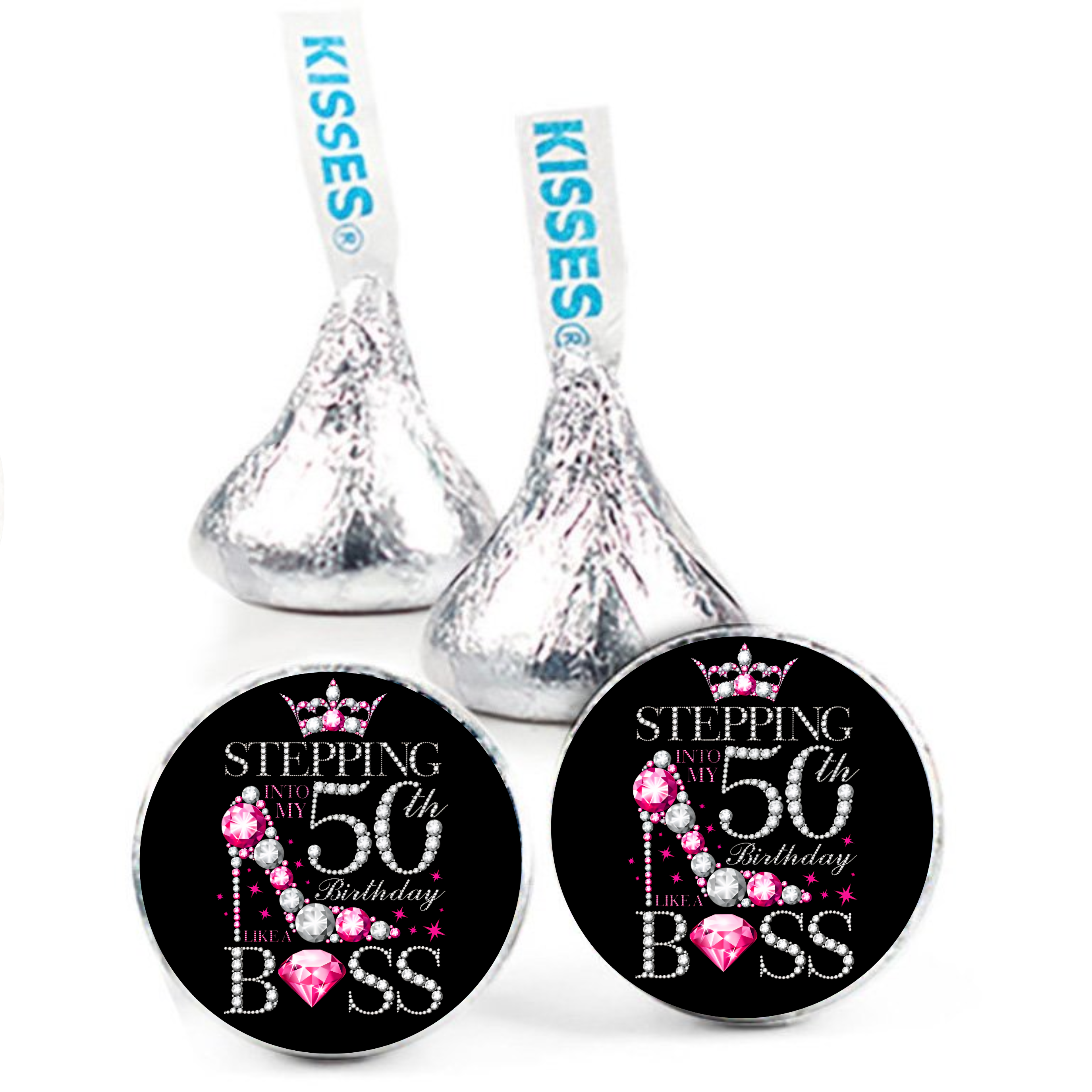 Elegant 50th Birthday | Mini Kiss Labels | Chocolate Candy Stickers | Stepping Into 50th | Birthday Party Favors | Glossy|100ct
