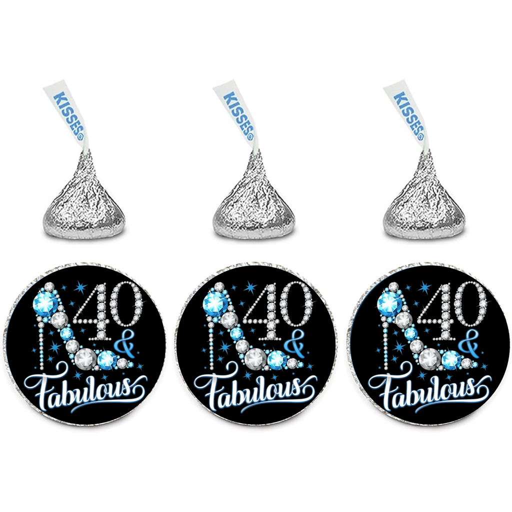 40 And Fabulous Mini Kiss Candy Labels | Chocolate Candy Stickers | Set of 100 | Elegant Party Favors | Glossy