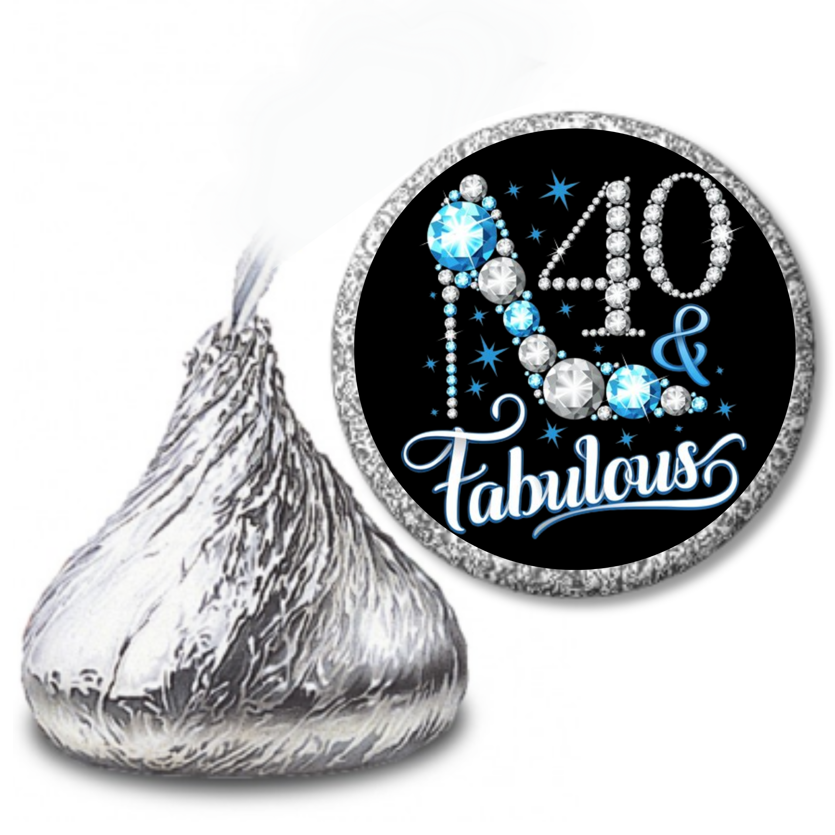 40 And Fabulous Mini Kiss Candy Labels | Chocolate Candy Stickers | Set of 100 | Elegant Party Favors | Glossy