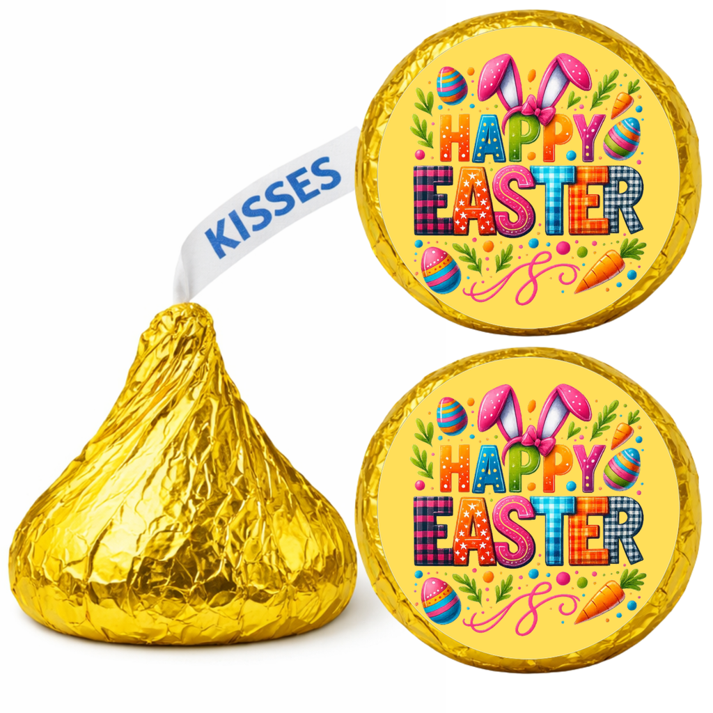 Easter Candy Stickers | Happy Easter Eggs and Bunny Ears Design | Chocolate Candy Kiss Stickers | Glossy