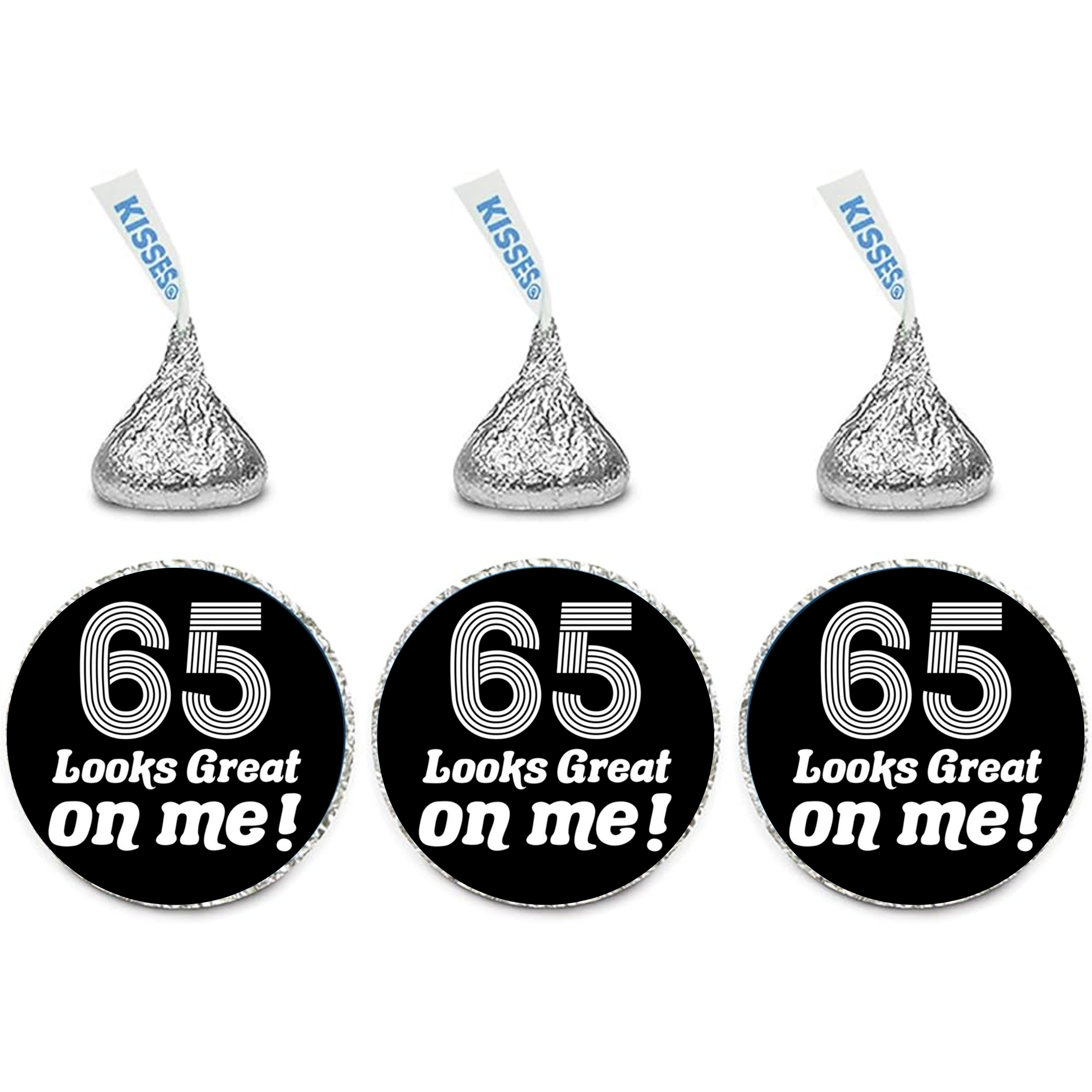 65th Birthday Party Mini Kiss Candy Labels | Chocolate Candy Stickers | 65 Looks Good on me| Elegant Party Favors |Set of 100