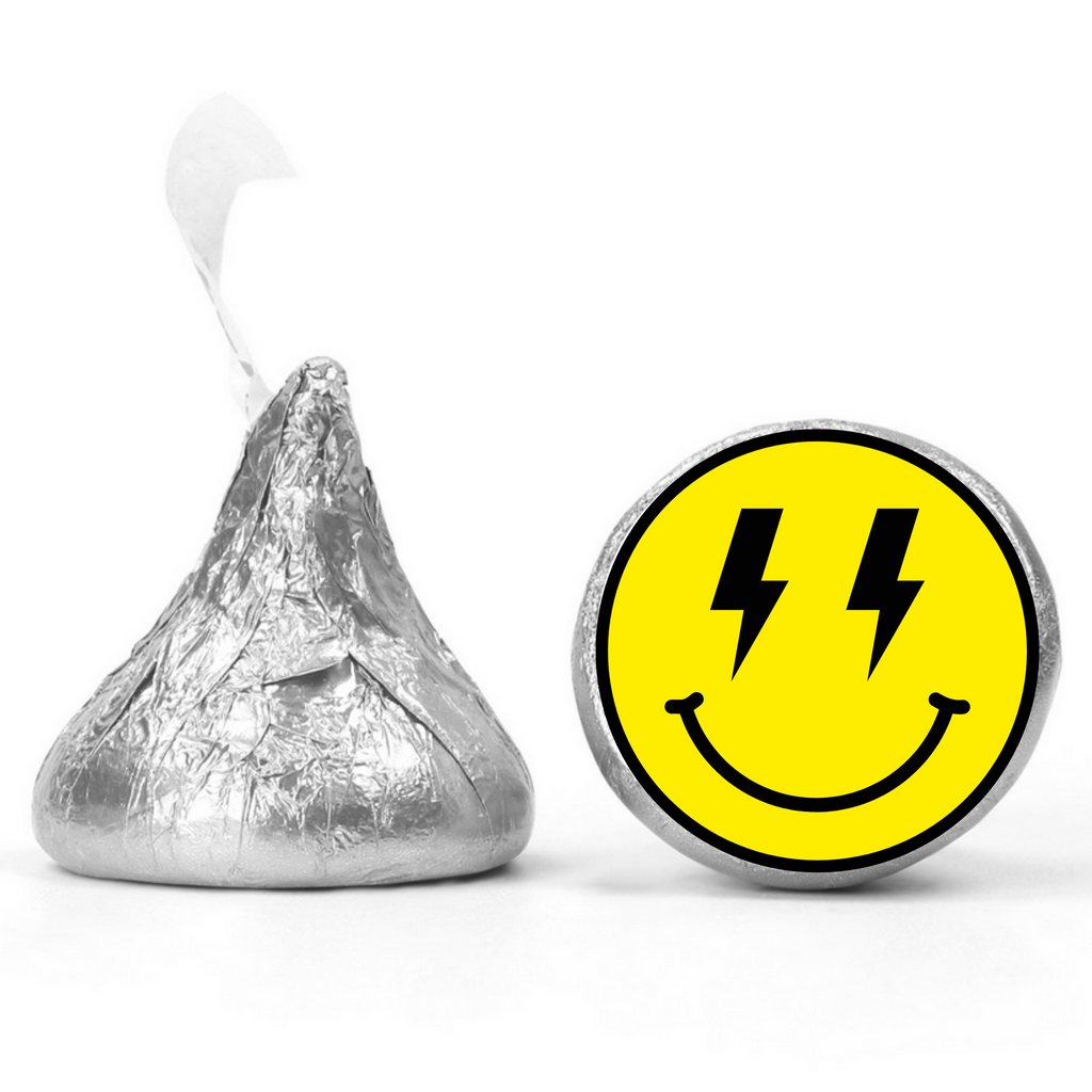 Smiley Face Birthday | Mini Kiss Labels | Chocolate Candy Stickers | Bright Yellow Theme | Happy Party Favors | Glossy